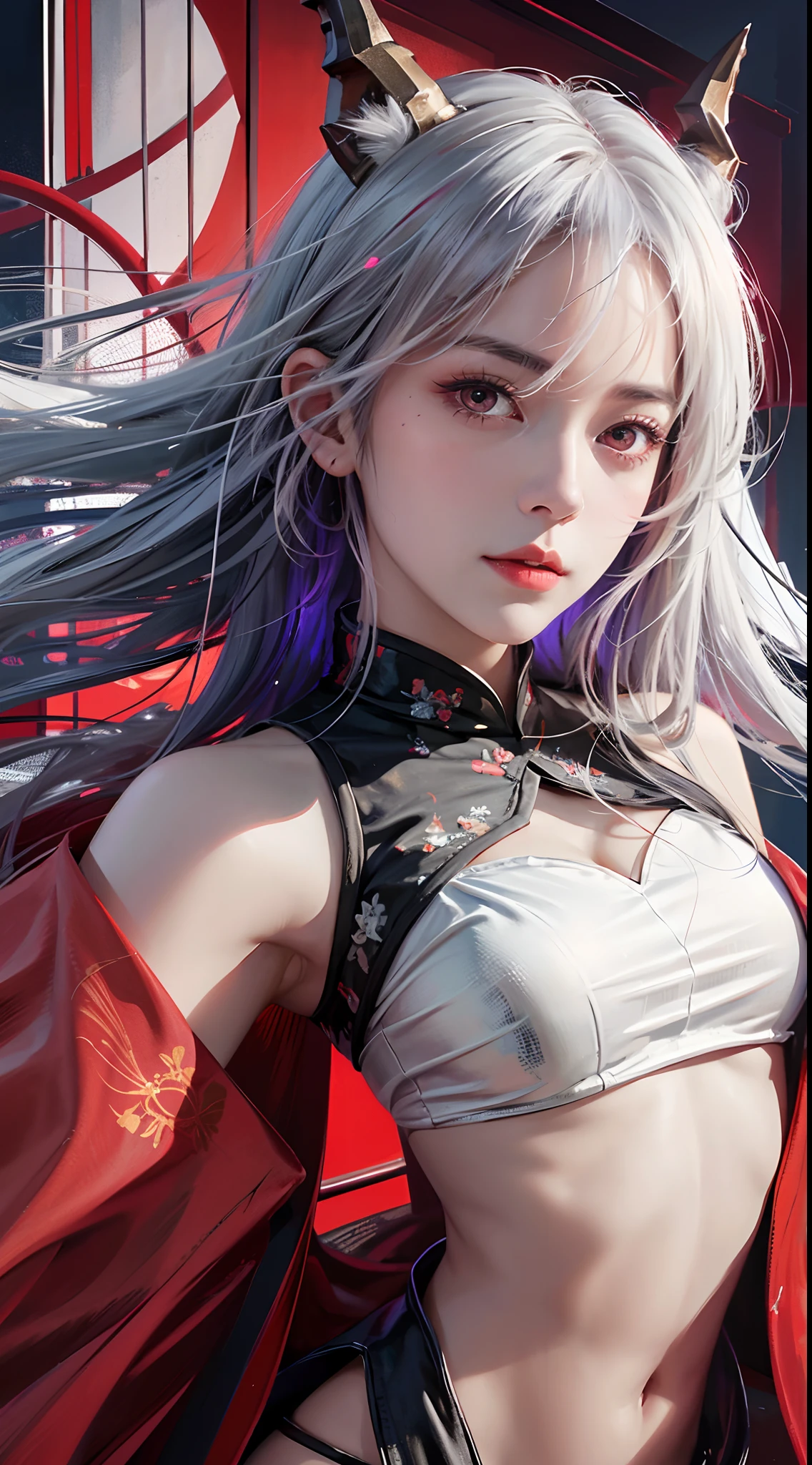 photorealistic, high resolution, soft lights, 1women, solo, hips up, look at viewer, (detailed face), red eyes, white hair, long hair, detailed eyes, ch'en \(arknights\), red eyes, solo, chinese dress, red cheongsam, realistic, makeup