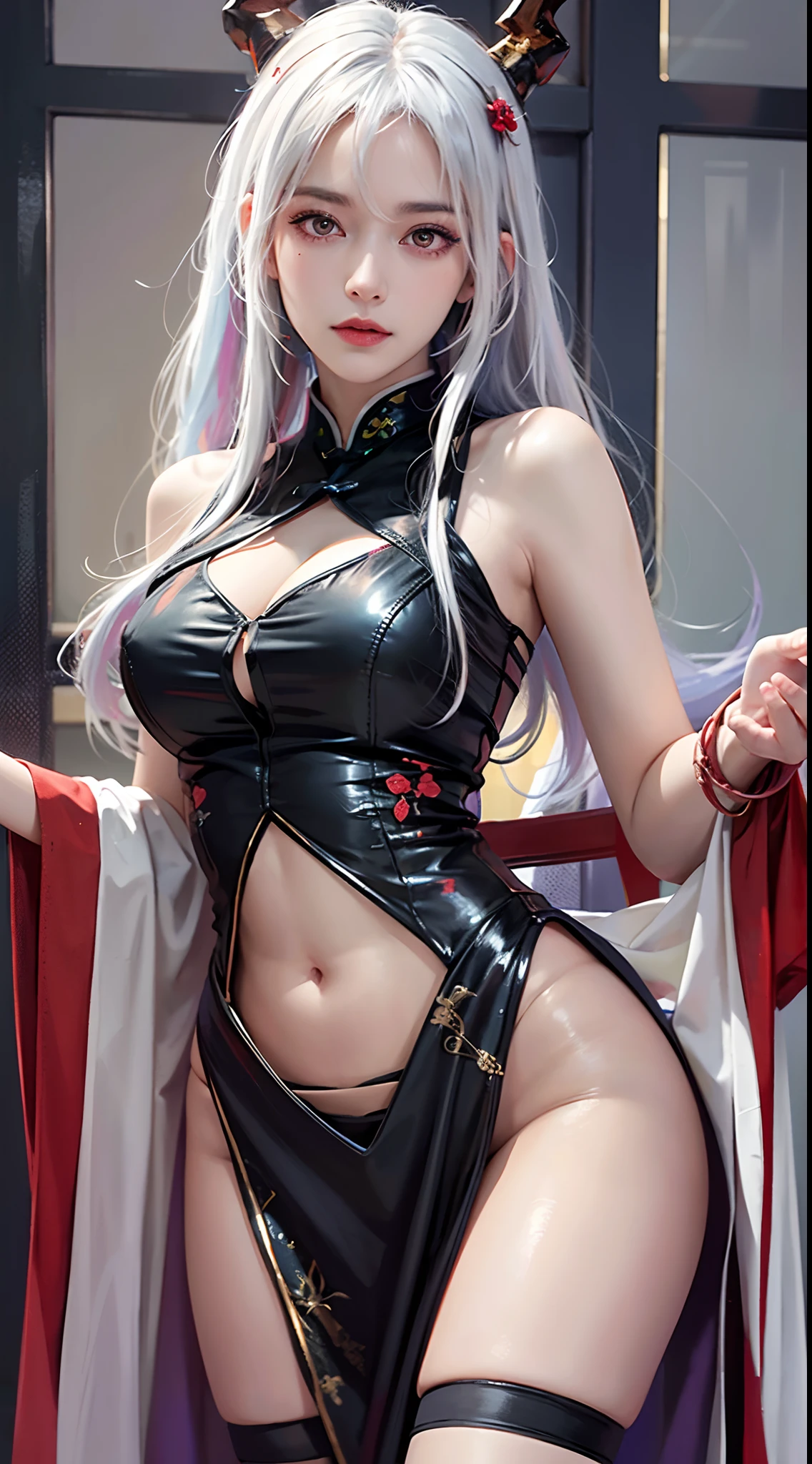 photorealistic, high resolution, soft lights, 1women, solo, hips up, look at viewer, (detailed face), red eyes, white hair, long hair, detailed eyes, ch'en \(arknights\), red eyes, solo, chinese dress, red cheongsam, realistic, makeup