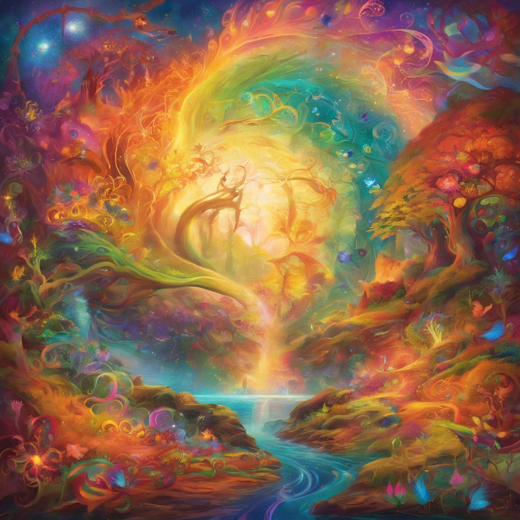 girl casting mystical glowing spells, fantasy rainbow forest, vibrant colors, ethereal lighting, detailed foliage, magical atmosphere, enchanting scenery, dreamlike ambiance, shimmering glow, flowing robes, wisps of magic, ethereal creatures, enchanted trees, sparkling streams, radiant energy, mystical symbols, surreal beauty, otherworldly landscape, swirling mist, enchantment in the air, spellbinding moment, mesmerizing spectacle, ethereal essence, magical incantation, mystical aura, bewitching charm, spellbound onlookers, transcendent experience, magical vortex, hidden secrets, whimsical creatures, vibrant enchantment, enchanted atmosphere, ethereal melodies, radiant beams of light, otherworldly colors, mesmerizing movements, joyous celebration in nature, enchanting nymphs, supernatural power, pulsating energy, captivating spells, fantastical realm, transcendental experience