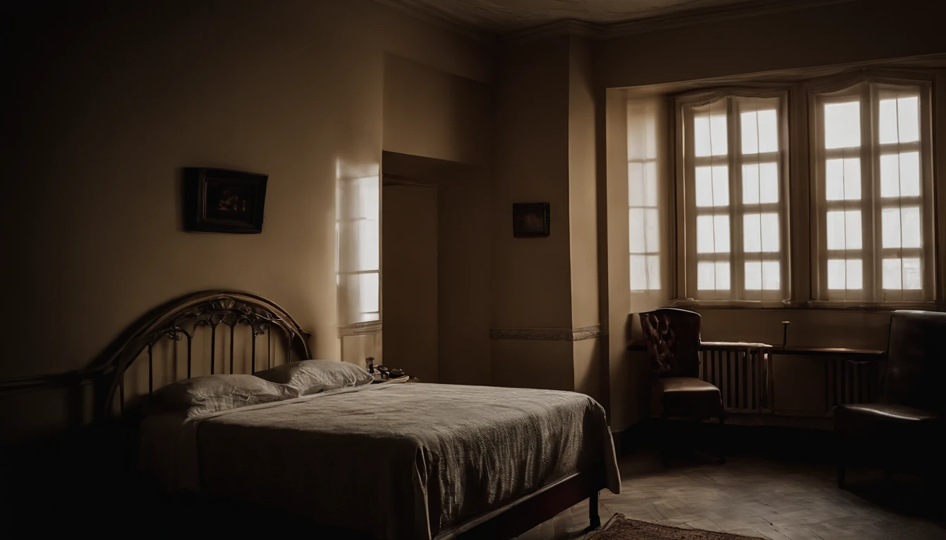 Preciso de uma imagem de um fantasma em um quarto de hotel abandonado, bem misterioso e horripilante.