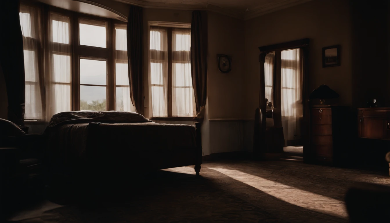 Preciso de uma imagem de um fantasma em um quarto de hotel abandonado, bem misterioso e horripilante.