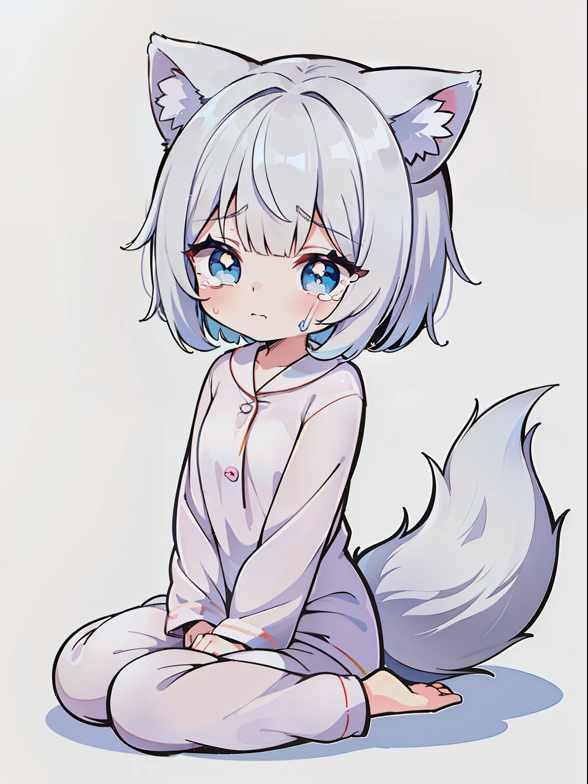 High quality, 1girl, ((((Candy Candy anime style)))), (wolf girl, wolf ears, wolf tail), animal ears, animal tail, ((((short hair)))), ((silver white hair)), hair clip, ((hair tap eye)), ((blue eyes)), long eyeslashes, eyeliner, (((small breasts, old pijama))), ((sleepy, tears of slesp, pillos un hand)), ((worried, sad expression, mellancholic look, blue eyes)), (white background), closed_mouth, blush, eyelashes, detailed shadows, detailed body, detailed eyes, detailed lines, (((chibi style, anime coloring, 4K))).