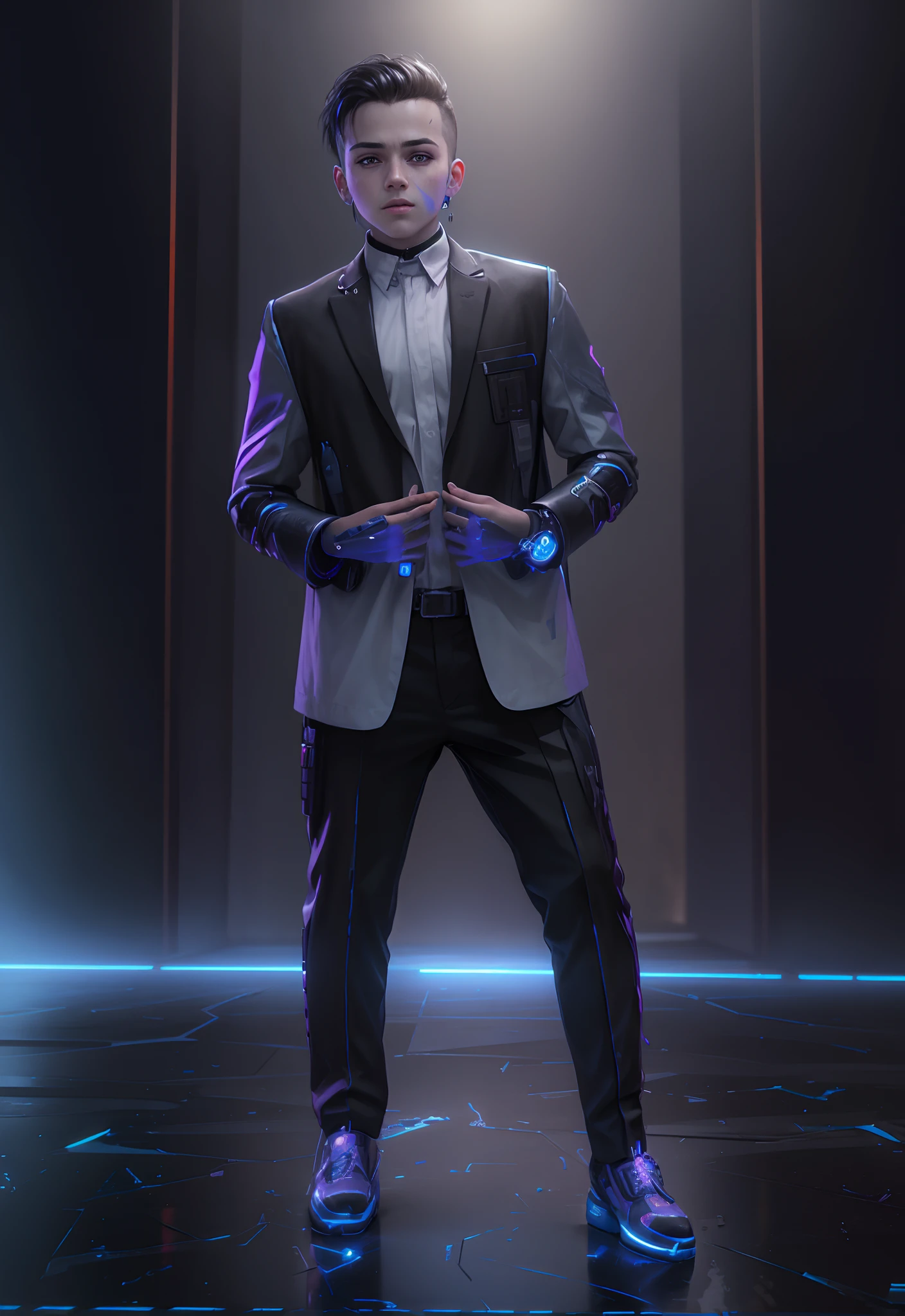 Boy with cyberpunk futuristic background, realistic face, 8k ultra hd