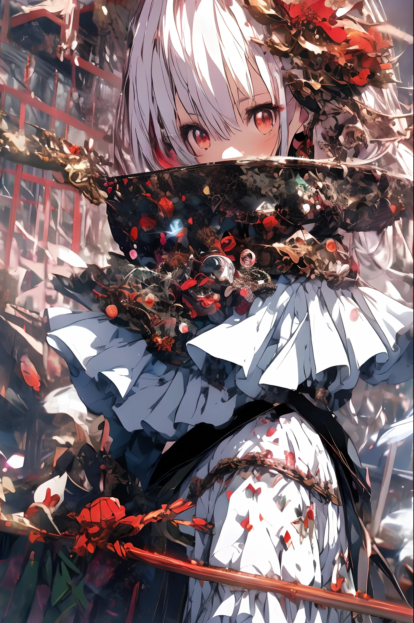 beautiful illustration, best quality, cute petit girl, (transform sequence), transform magical girl, chibi, white magical girl, fractal art, albino, babyface, long pure white and red mesh hair, beautiful detailed red eyes, cinematic lighting, cowboy shot, looking at viewer, from bottom, happy