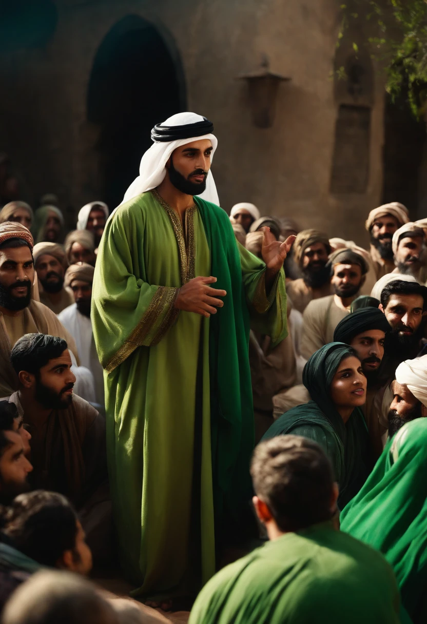 An arabian man with green robe telling parables in a crowd