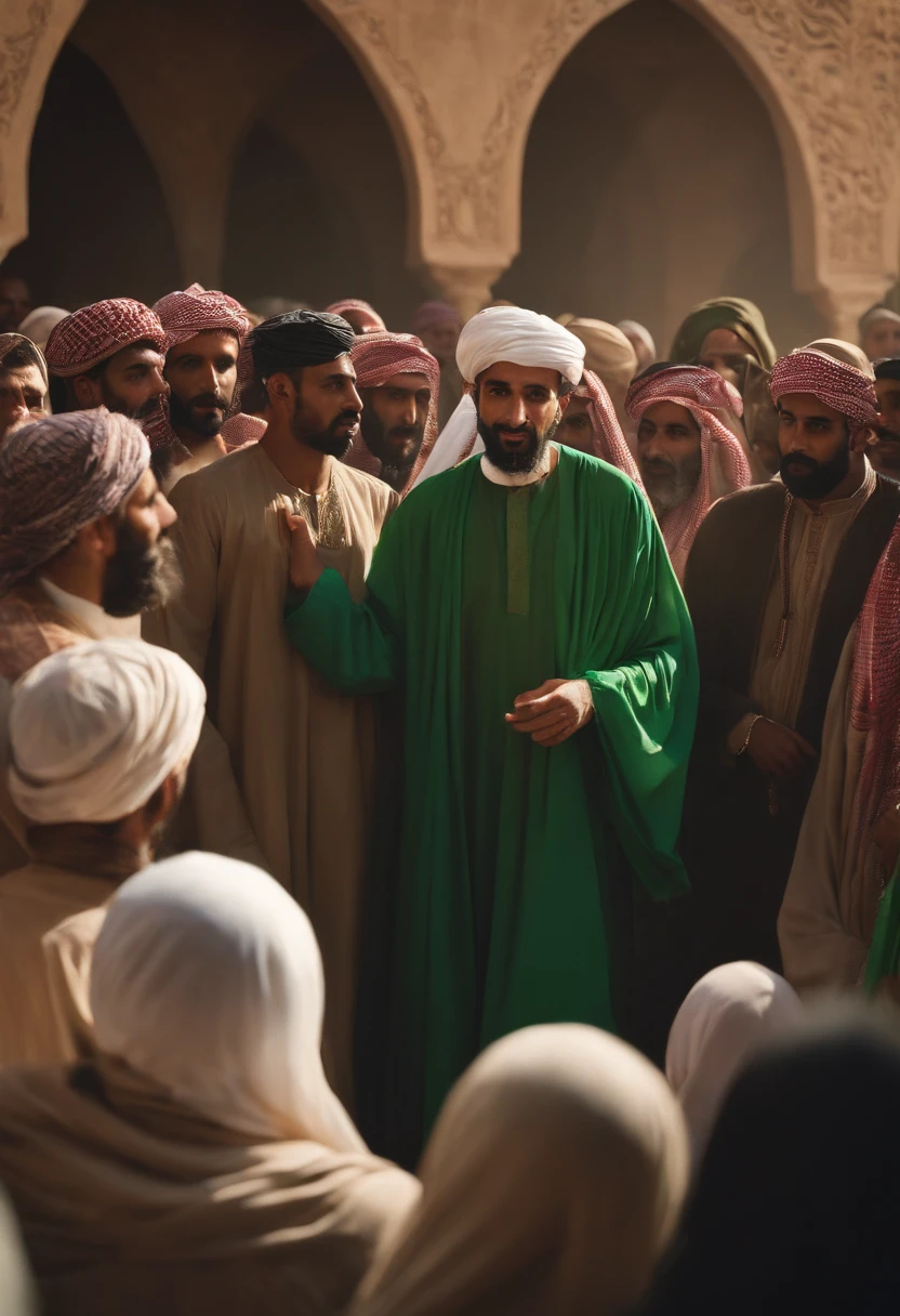 An arabian man with green robe telling parables in a crowd