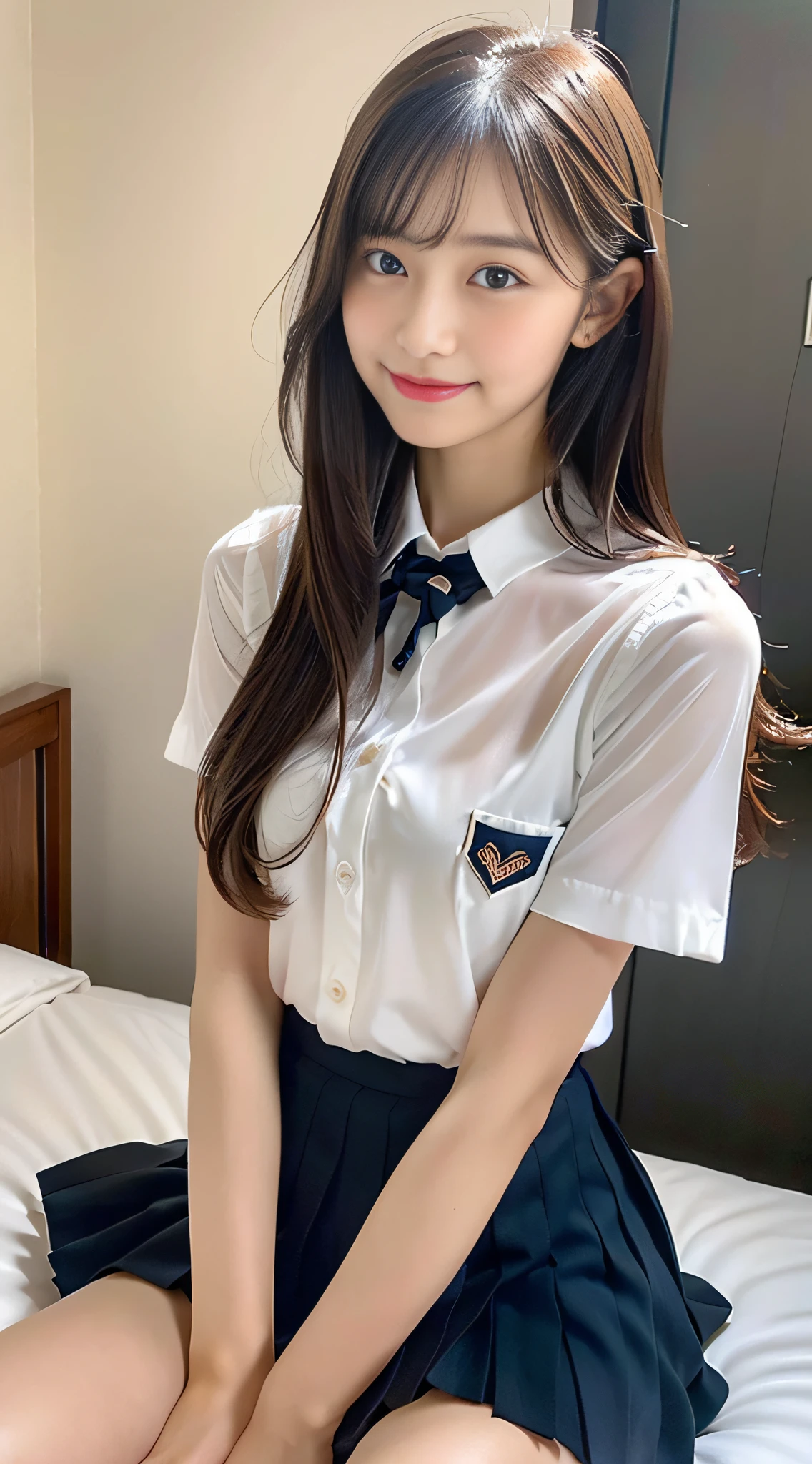 (((32k,high detal,high-detail、masterpiece,Attention to detail,full body Esbian,Lori,独奏))),Raw photo & realistic atmosphere,beautiful dark blue eyes,Detailed mouth,Glossy lips,Detailed eyebrows,Eyes drawn in detail with soft white skin that shines in every detail、Very beautiful eyes with black eyes,Detailed lips、Very beautiful face,Very well-formed face、Lifelike face,shiny beautiful lips,Beautiful eyebrows,Infinite reality,Japan High School Uniform Best Design, Realistic Young Gravure Idol, Very cute high school girl, , japanese girl school uniform,, Young Sensual Gravure Idol, Young Gravure Idol, Beautiful and sexy17 old schoolgirl,the whole body is wet,dripped out,with a flushed face,Incredibly beautiful sexy17 year beautiful girl,The body is dripping wet,Sheer clothing,Hair is wet,Dripping water,dripping,(,bare-legged,,Wet and see-through short-sleeved shirt,Beautiful kind eyes,Looking at the camera:1.5),(Beautiful smooth legs,Exposed thighs,Pull up your buttocks,Gentle smile,well-shaped breasts,,Immature body,Beautiful and sexy schoolgirl unusual design uniform in red and black,semi-long hair of shiny crimson color,,,Super emphasis on bare thighs,Sexy dark room bed on bed,Short sleeve shirt with white floral pattern,Red Micro Mini Pleated Skirt,Sit on the bed and get down on one knee:1.9)
