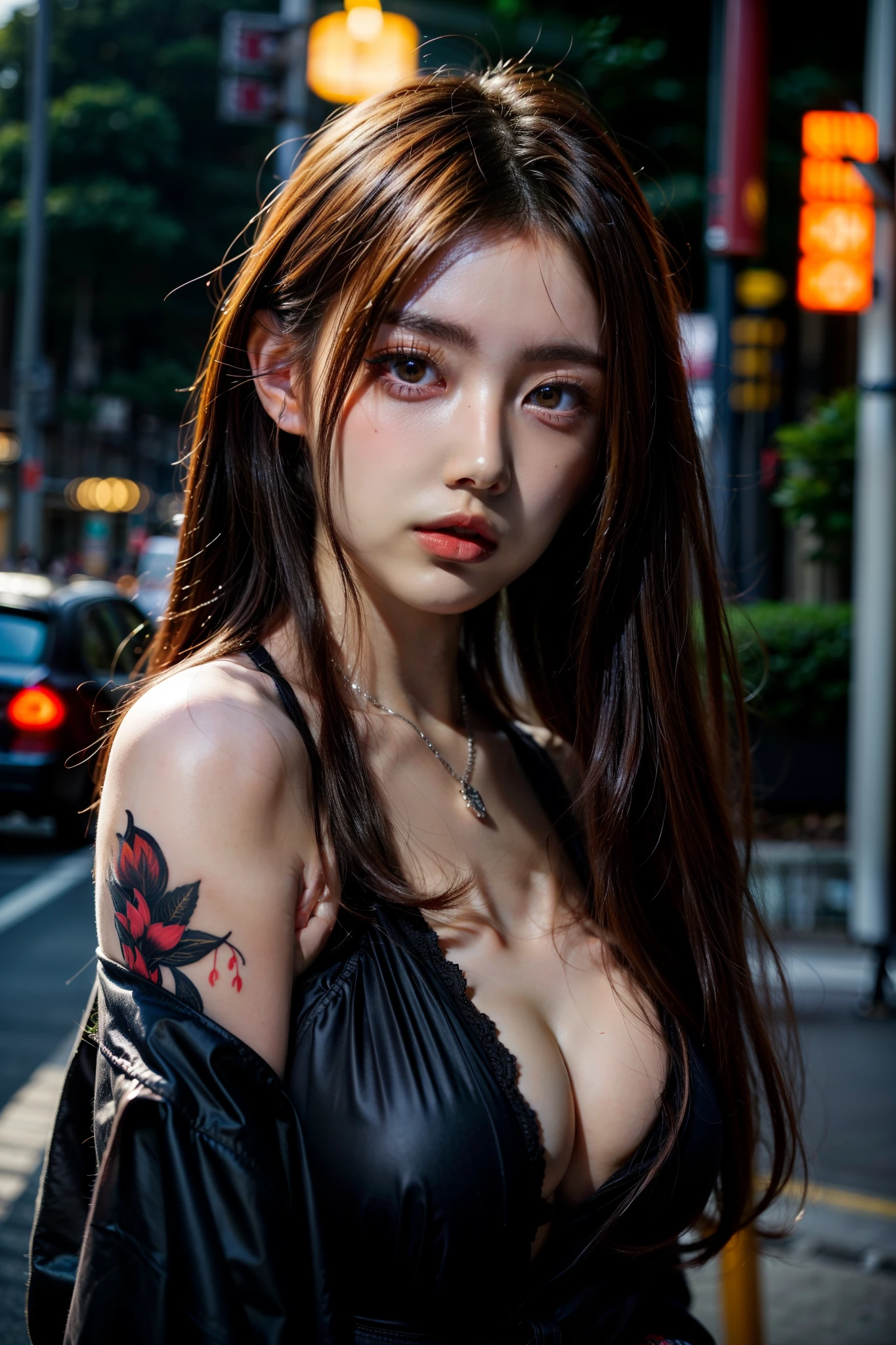 (masterpiece, best quality:1.4), (beautiful, aesthetic, cute, adorable:1.2), (depth of field:1.2), y, perfect female form, expressive eyes, long hair, Asian tee delinquent with a kendo stick, dark night, neon lights, bokeh, vibrant colors, heavy make-up, bloody red lipstick, fiery red hair, pink yukata, extensive red and black tattoos, silver jewellery, cleavag