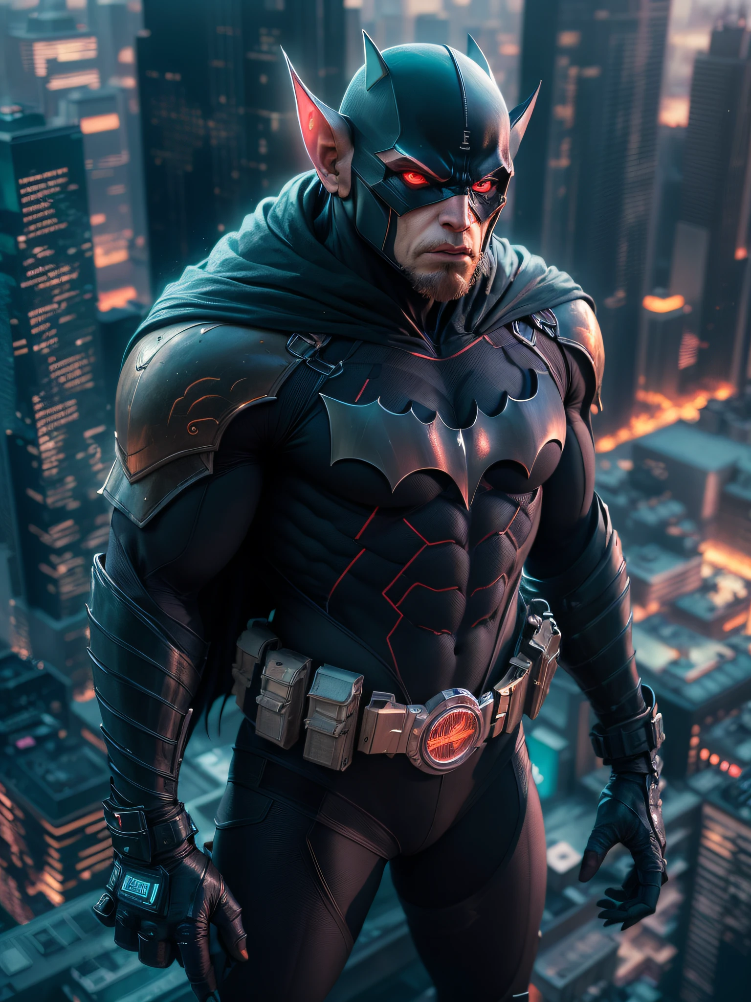 humanoid monkey dressed as Batman character, on top of a skyscraper, 3D anime style image, (best quality,4k,8k,highres,masterpiece:1.2), ultra-detailed, (realistic,photorealistic,photo-realistic:1.37), HDR, UHD, studio lighting, extreme detail description, professional, vivid colors, bokeh, portraits, landscape, horror, anime, sci-fi, photography, concept artists, colorful and vibrant color tone, dramatic lighting