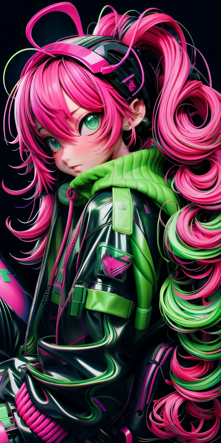 anime green with pink hair sitting on a chair in a neon city, long curly hair, cyberpunk anime girl in hoodie, cyberpunk anime girl, anime style 4 k, anime cyberpunk art, best anime 4k konachan wallpaper, digital cyberpunk anime art, female cyberpunk anime girl, digital cyberpunk - anime art, cyberpunk anime art, anime cyberpunk, cyberpunk streetwear, cyberpunk art style
