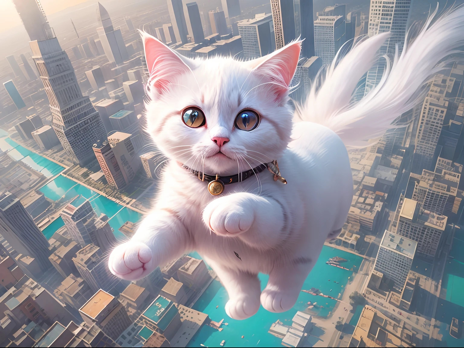 1 white round-eyed cute cat, flying through the air, Sit on a colorful flying carpet, The carpet has tassels along the edges,  , The background is the city of the future, Science fiction world.