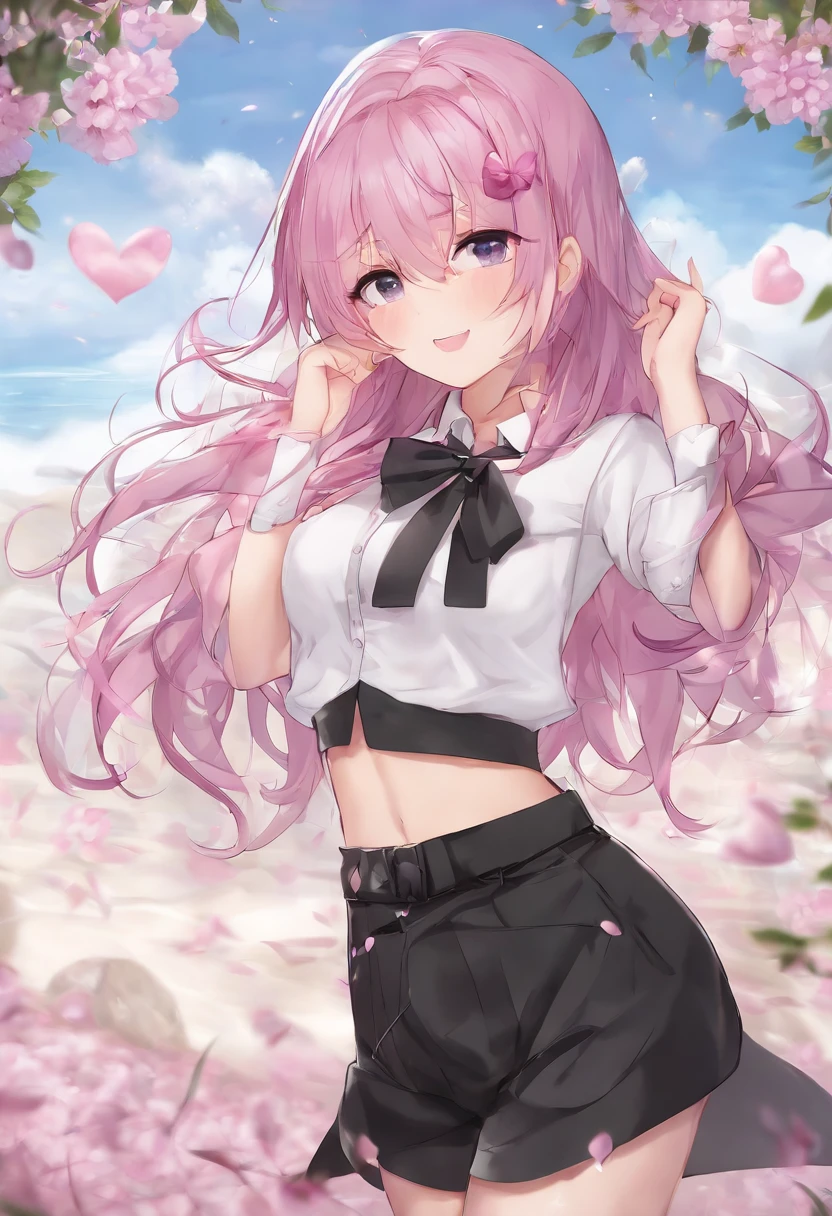 Keera, 1girl, pink hair, hair spread out, hair between eyes, very long hair, bowtie, parted lips, pointy ear, purple eyes, sleeves past wrists, black sleeves, black shorts, belt, detached sleeves, ahoge, heart necklace, navel, smile, looking at viewer, , standing, from below,fiction art, the goddess poses sexy and seductive,