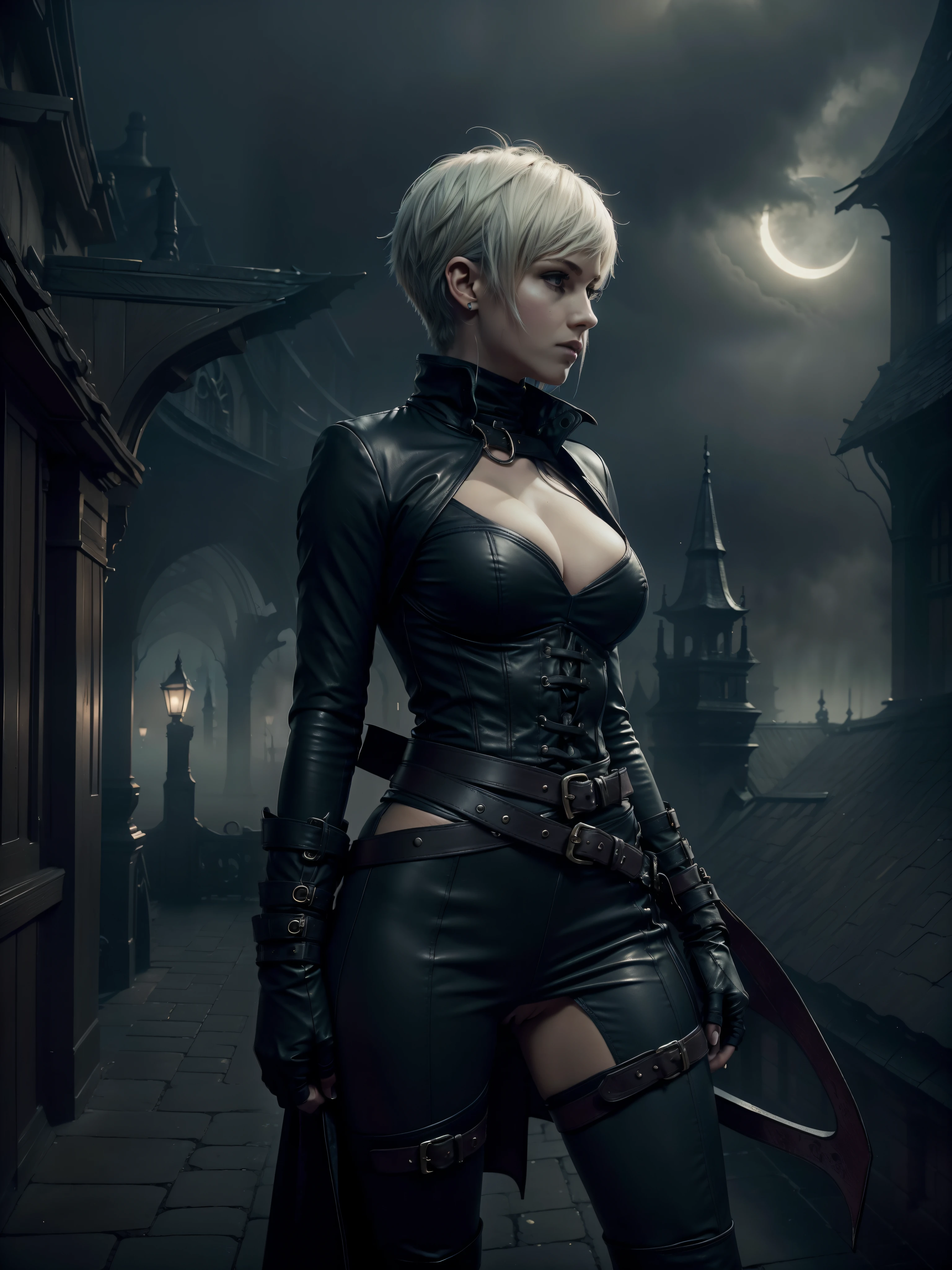 Breasts roll-up, breast engorgement, bloodborne aesthetic, all black leather tight outfit with belt traps all over, beautiful white female, pixie-cut, hair covering face, gloomy, midnight, ominous, atmospheric, victorian rooftop aesthetic, large breasts, (narrow) waist, wide hips, perky butt and legs, tight black heel boots, front-side view, (low) angle, (foggy and misty)