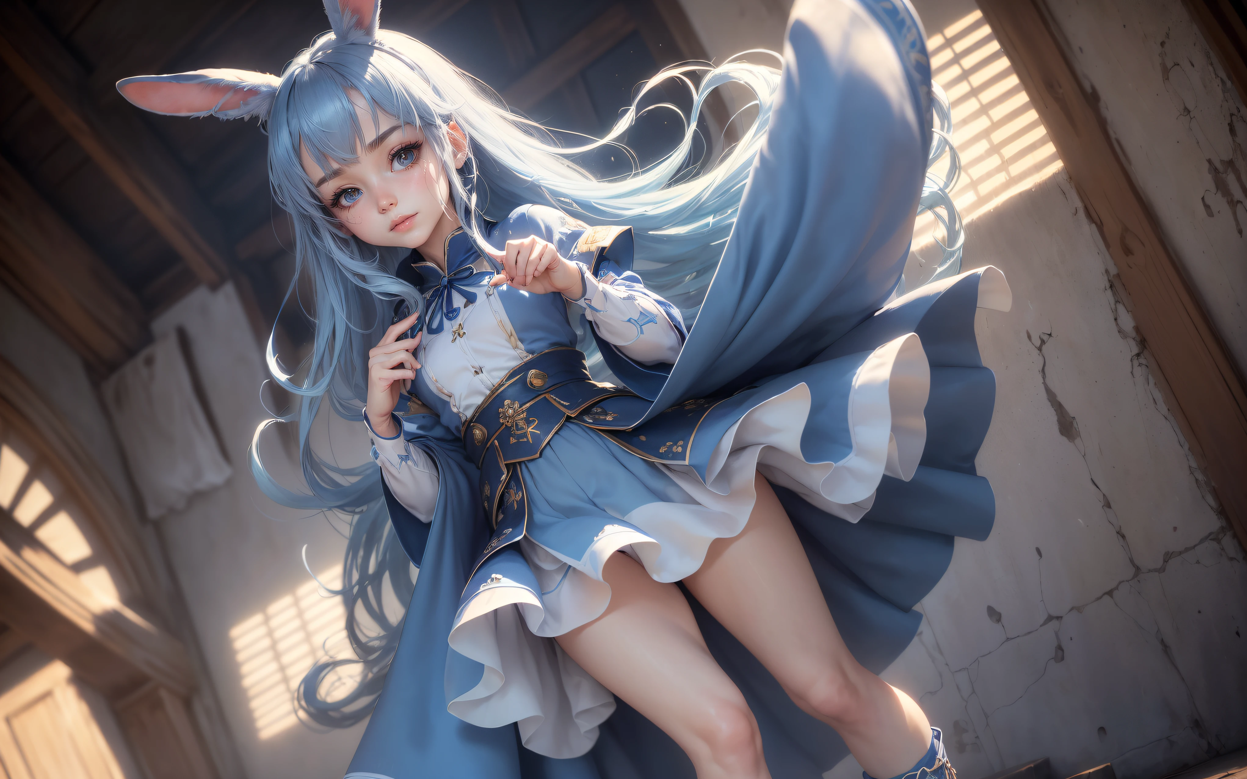 (Best picture quality, 8K, masterpiece: 1.3)), ((Cute girl Face, Both Eyes same)), ((One Girl, Bunny Girl, Bunny Ears, 17 year old, Slightly Skinny, Long Hairs, Two legs)), ((Hide Fingers)), ((Cover Upper Part of Leg, Cover Thigh)), ((Perfect Face, Perfect Eyes, Bangs, Slim Cheeks, Perfect Lips)), ((Highly detailed face, Smile, standing on your feet:1.2)), ((Highly detailed facial and skin texture)), (Blue hair), (Full traditional clothes, wearing full clothes), (cute), (anime girl in a dress, magic, full dress, Long skirt, artwork, fantasy art style, art, closeup fantasy, Power Full, CGI anime fantasy artwork, art)