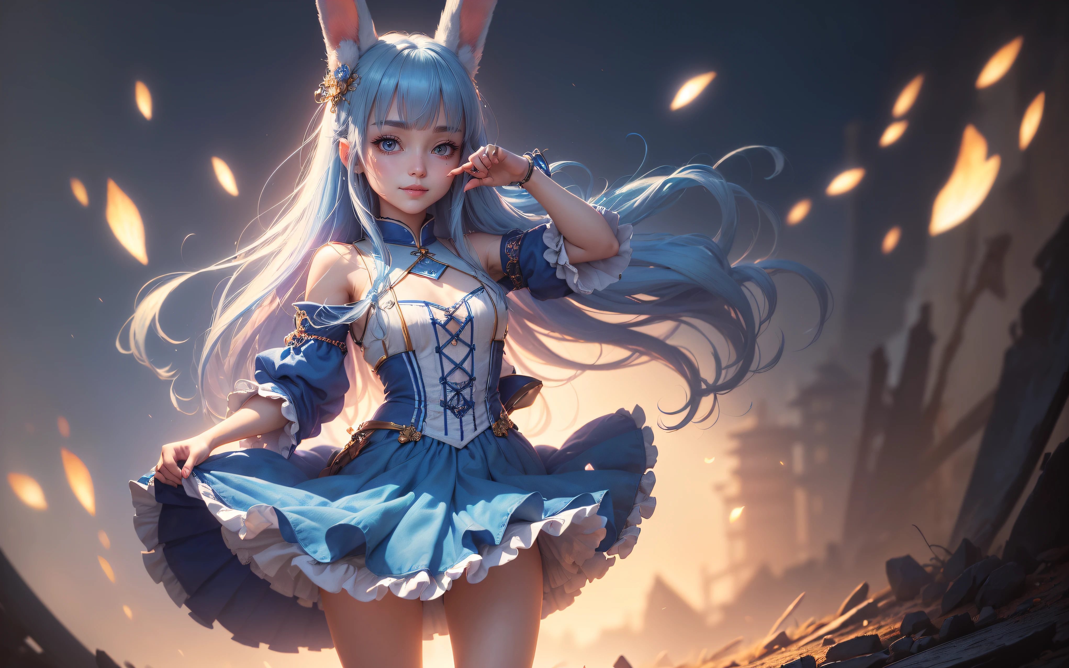 (Best picture quality, 8K, masterpiece: 1.3)), ((Cute girl Face, Both Eyes same)), ((One Girl, Bunny Girl, Bunny Ears, , Slightly Skinny, Long Hairs, Two legs)), ((Hide Fingers)), ((Cover Upper Part of Leg, Cover Thigh)), ((Perfect Face, Perfect Eyes, Bangs, Slim Cheeks, Perfect Lips)), ((Highly detailed face, Smile, standing on your feet：1.2)), ((Highly detailed facial and skin texture)), (Blue hair), (Full traditional clothes, wearing full clothes), (cute), (anime girl in a dress, magic, full dress, Long skirt, artwork, fantasy art style, art, closeup fantasy, Power Full, CGI anime fantasy artwork, art)