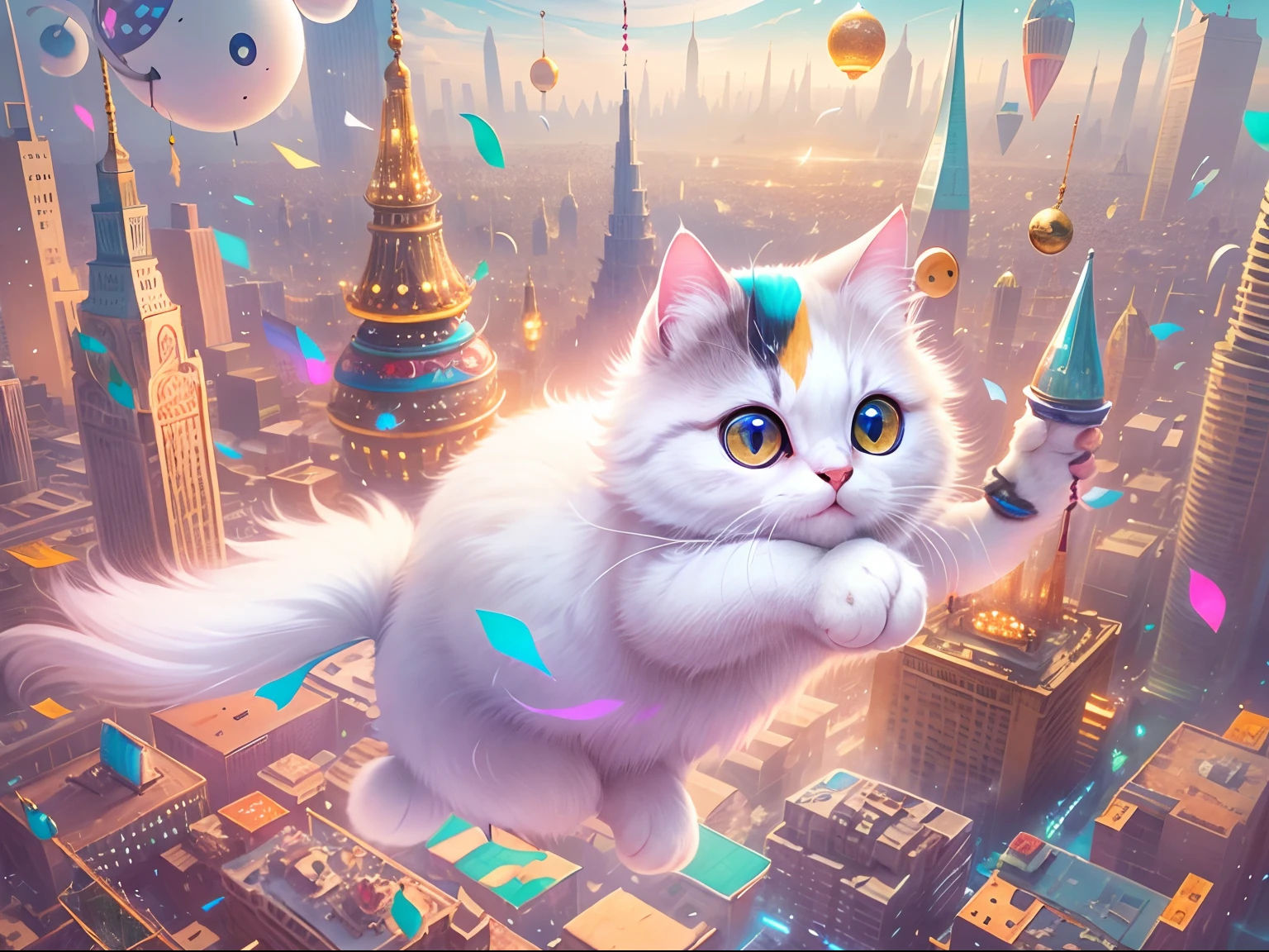 1 white round-eyed cute cat, flying through the air, Sit on a colorful flying carpet, The carpet has tassels along the edges, , The background is the city of the future, Science fiction world.