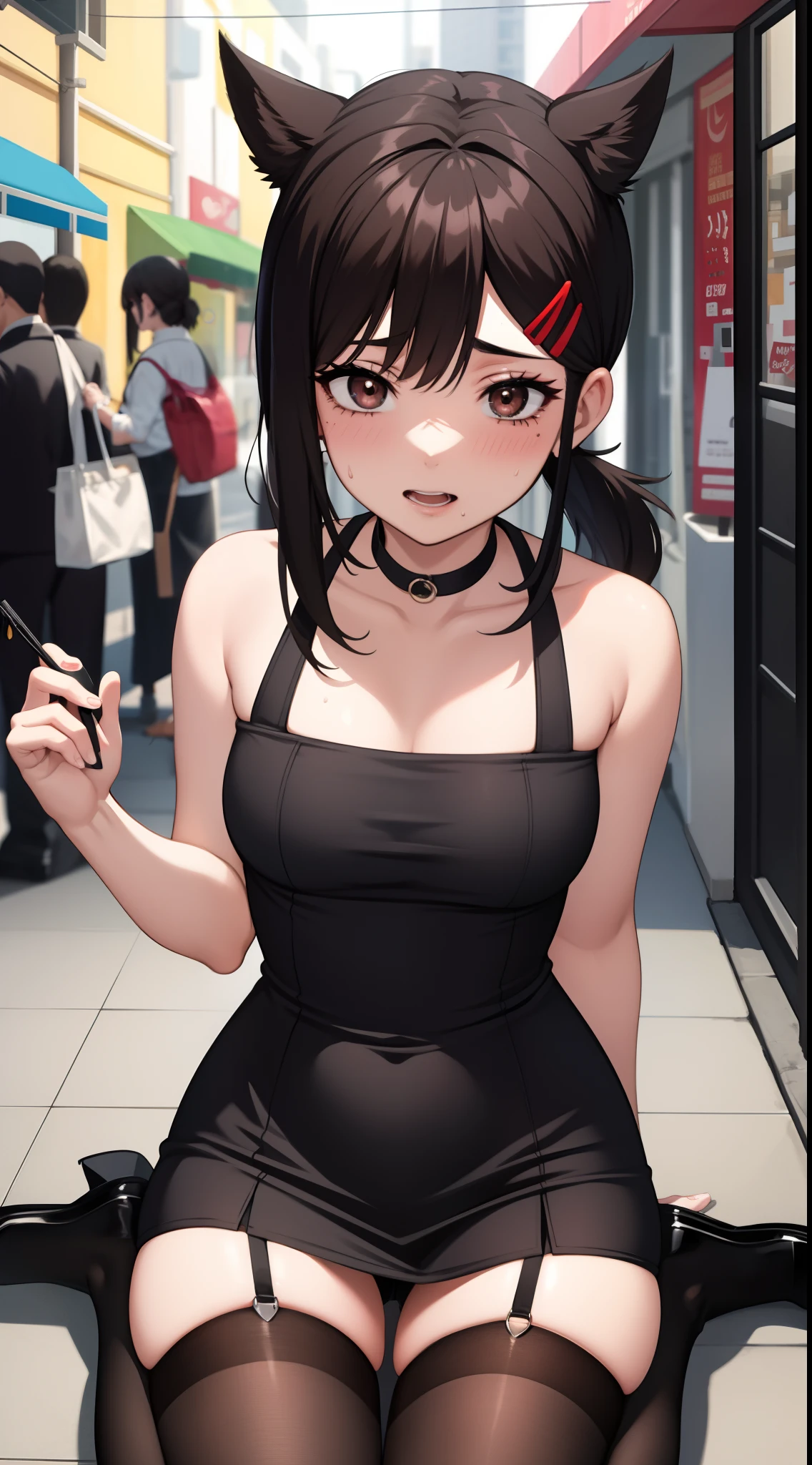 Kobenihigashiyama, kobeni higashiyama, cabello negro, adorno para el cabello, clip para el cabello, topo, lunar debajo del ojo, Cola de caballo, pelo corto, brown eyes, tight dress, sexy stockings, La mejor calidad, High resolution, Unidad 8K Fondo de pantalla,