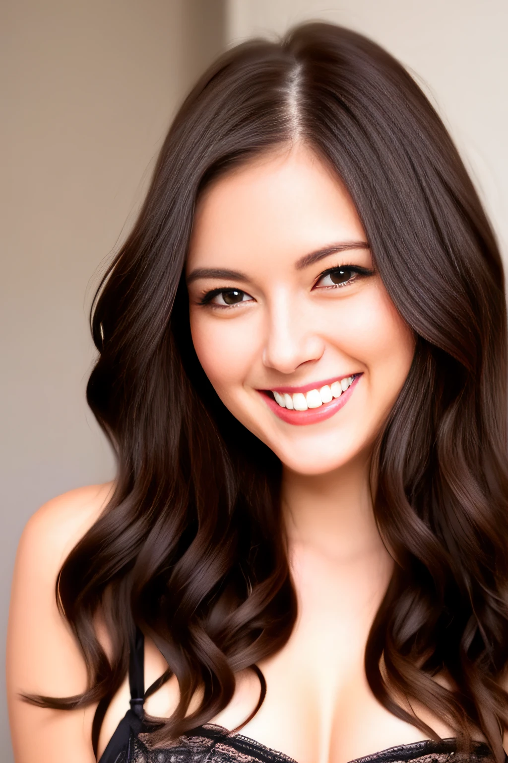 Beautie A smile Gently wavy hair Black lingerie Brown hair