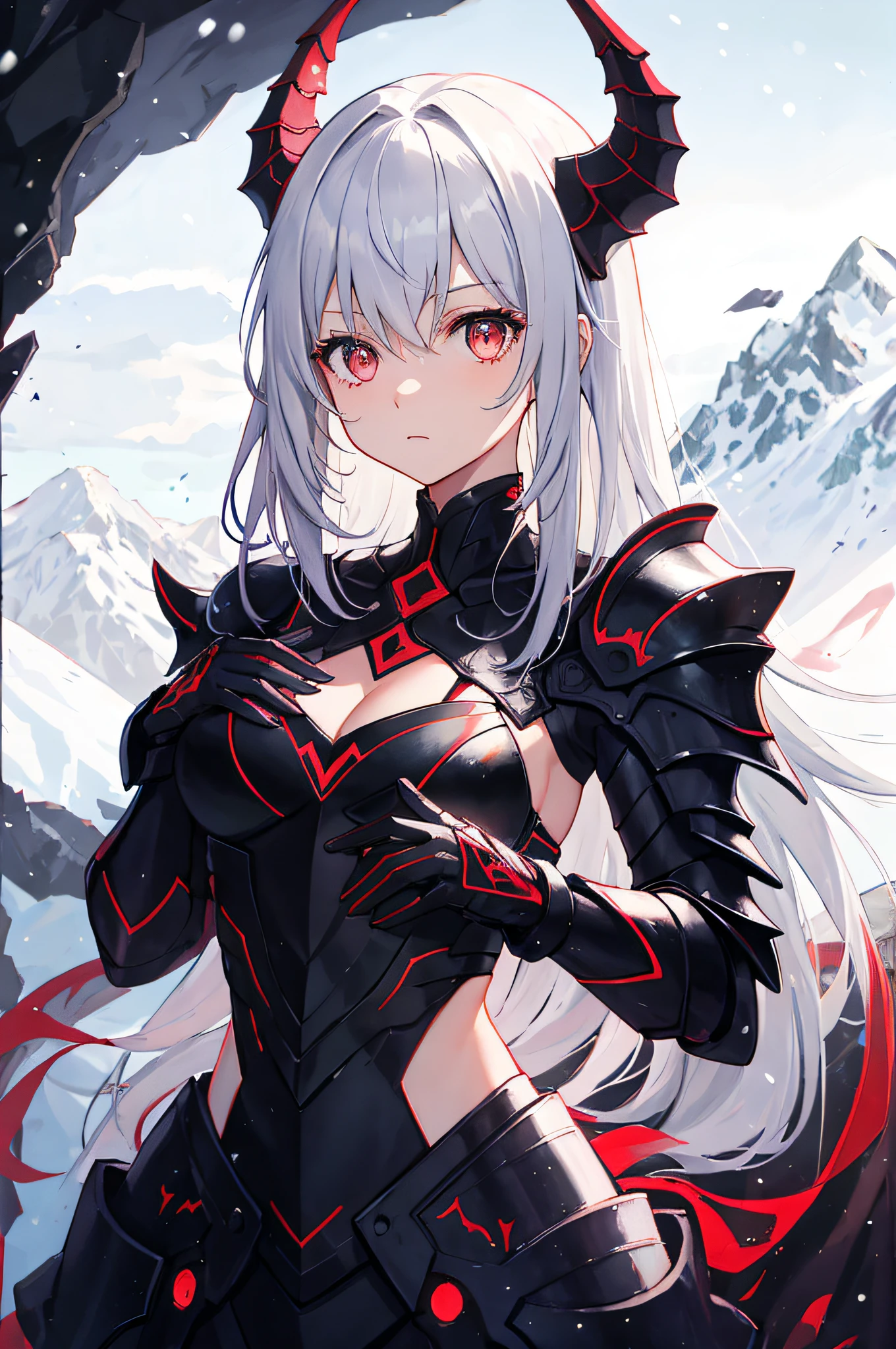 Original Character,Solo,1girll,Tight armor,bikini armor,coda,Black dragon horn,little breast,long white hair,red color eyes,Only the upper body,(The background is the mountains in the distance:1.1),Black particle effect surrounds girl,((Place your hands on your chest)),A slightly puzzled expression,Snow in the background,The armor flashes with red patterns,