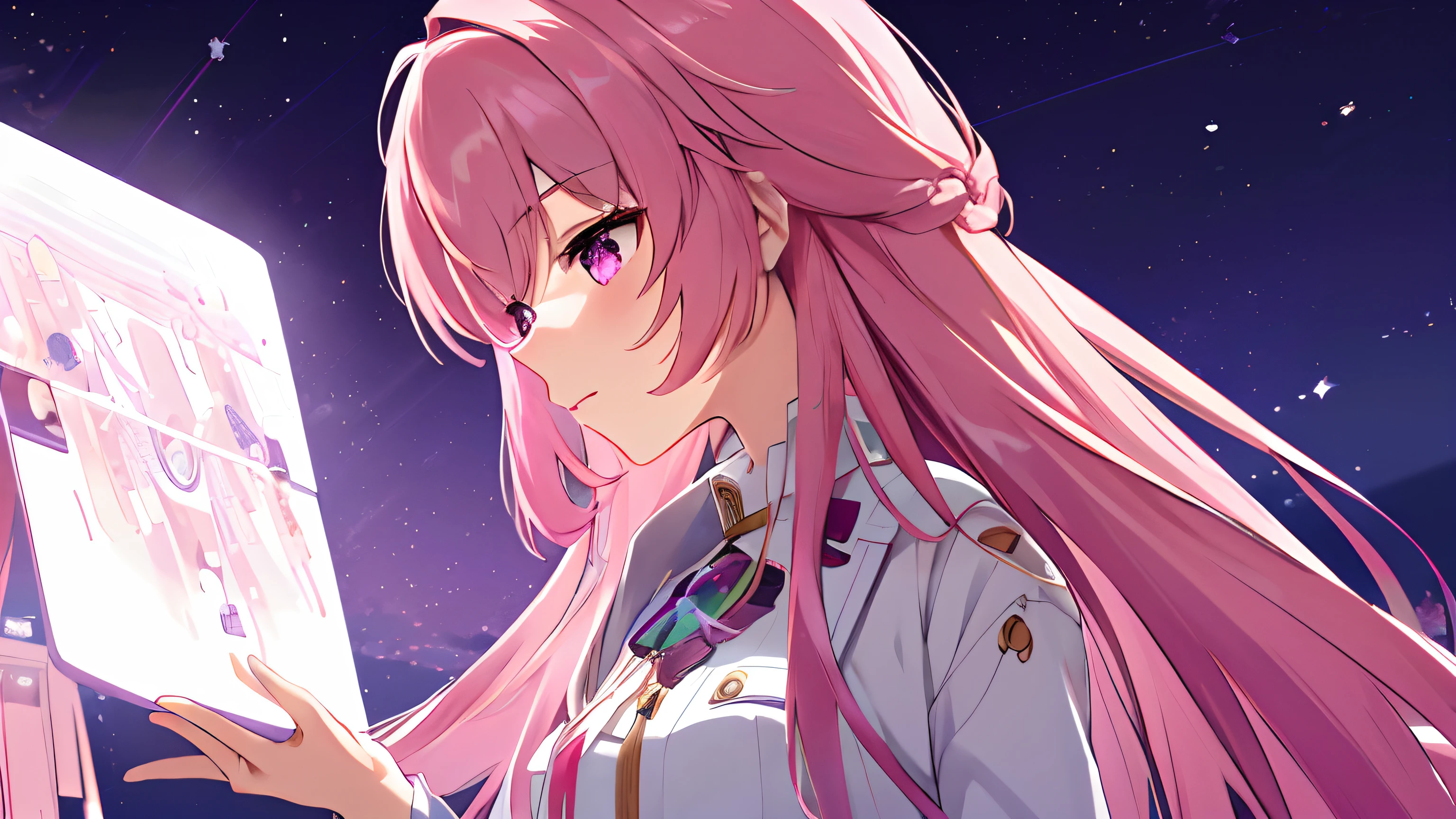masterpiece, high quality, 8k, beautiful lighting, doga kobo, anime scene, profile, 1girl, fuxuan, pink hair, long hair, small to medium breast, purple eyes, white pharmacist coat, looking at viewer, faded away, space background, pink energy, glitching