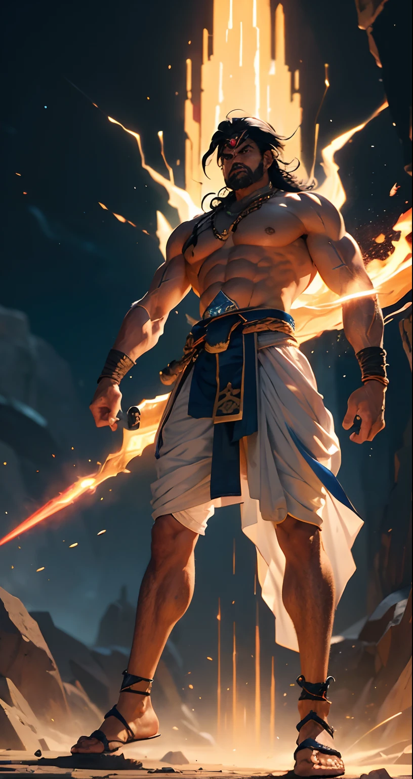 Bhima possesses a Herculean physique that dominates the space around him. He stands with an imposing stature, head held high, and shoulders squared. His chest is like a massive bulwark, a testament to his unparalleled strength. The sinewy muscles ripple beneath his skin, conveying power that seems ready to burst forth at any moment.
His limbs are thick and robust, resembling ancient tree trunks, showcasing the incredible force he can muster. The veins on his arms stand out, pulsating with the vigor of a warrior who has faced countless battles. His hands, calloused and strong, can easily wield formidable weapons with unmatched precision.
Bhima's posture exudes readiness and assertiveness. There's a subtle forward lean, indicating his perpetual state of preparedness for combat. His legs are firmly planted, providing a solid foundation for his immense stature. The muscles in his legs are well-defined, emphasizing his ability to charge forward with tremendous force.
Bhima's attire is practical, tailored for battle. He may wear a sturdy dhoti or loincloth, allowing for unrestricted movement. His upper body might be adorned with armor, a testament to his warrior status. These garments serve to accentuate his imposing figure rather than encumber it.
His face is marked by a fierce and focused expression. His eyes, like smoldering coals, radiate an intense determination. Bhima's brow may be furrowed, indicating a mind that is always strategizing and anticipating the next move. His gaze is unwavering, locked onto the challenges that lie ahead.
In his hands, Bhima wields a formidable weapon, perhaps a mace or a club, extensions of his own colossal strength. The weapon is an extension of his being, a conduit through which he channels his might on the battlefield.