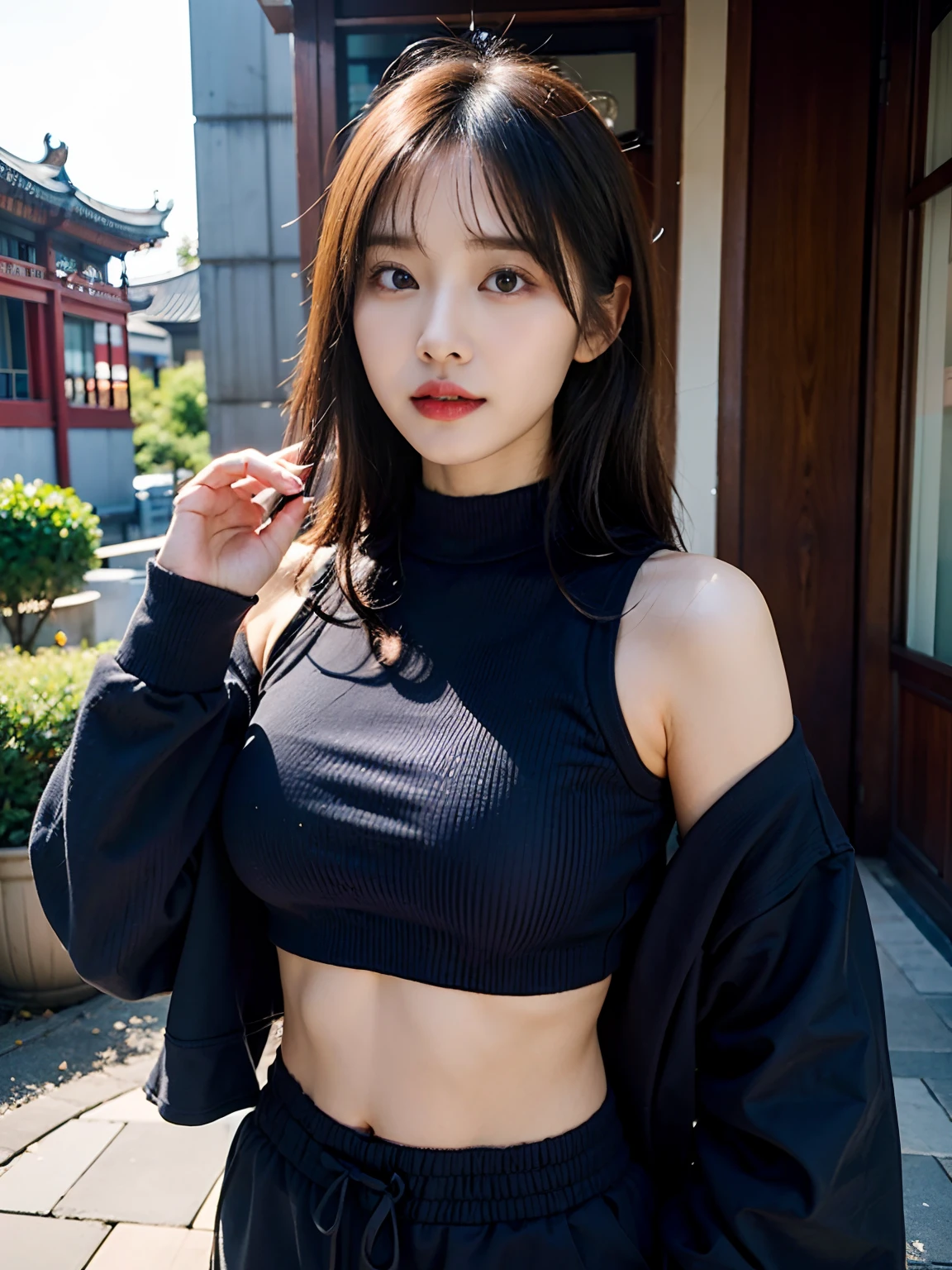 arafed asian woman in a blue crop top and grey sweatpants, a picture by Leng Mei, tumblr, shin hanga, young asian girl, wearing crop top, beautiful asian girl, beautiful midriff, wearing a sexy cropped top, croptop, asian girl, physical : tinyest midriff ever, young and cute girl, chinese girl