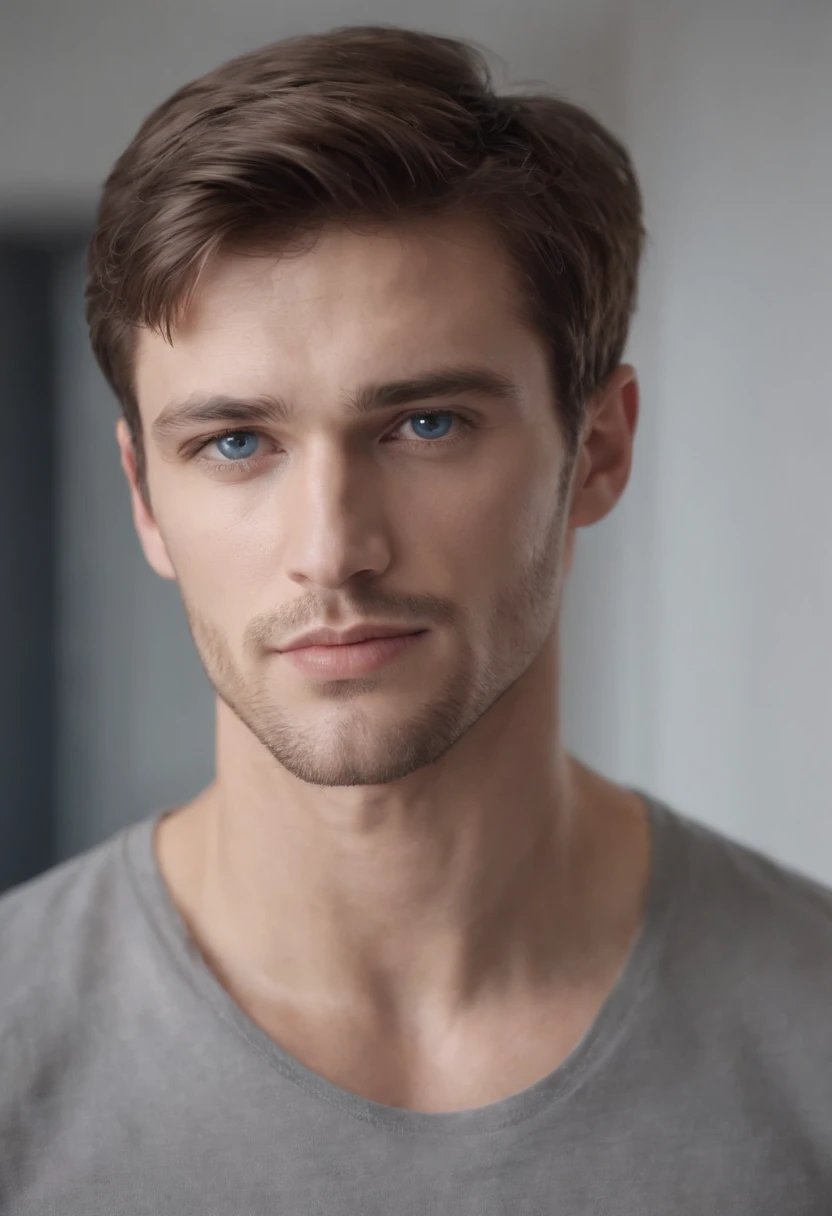 Male, handsome, standing face forward strong jawline, full lips, Roman nose, short brown hair, blue eyes, mid shot, at home, hyper realistic, 8k