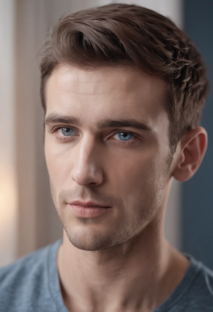 Male, handsome, standing face forward strong jawline, full lips, Roman nose, short brown hair, blue eyes, mid shot, at home, hyper realistic, 8k