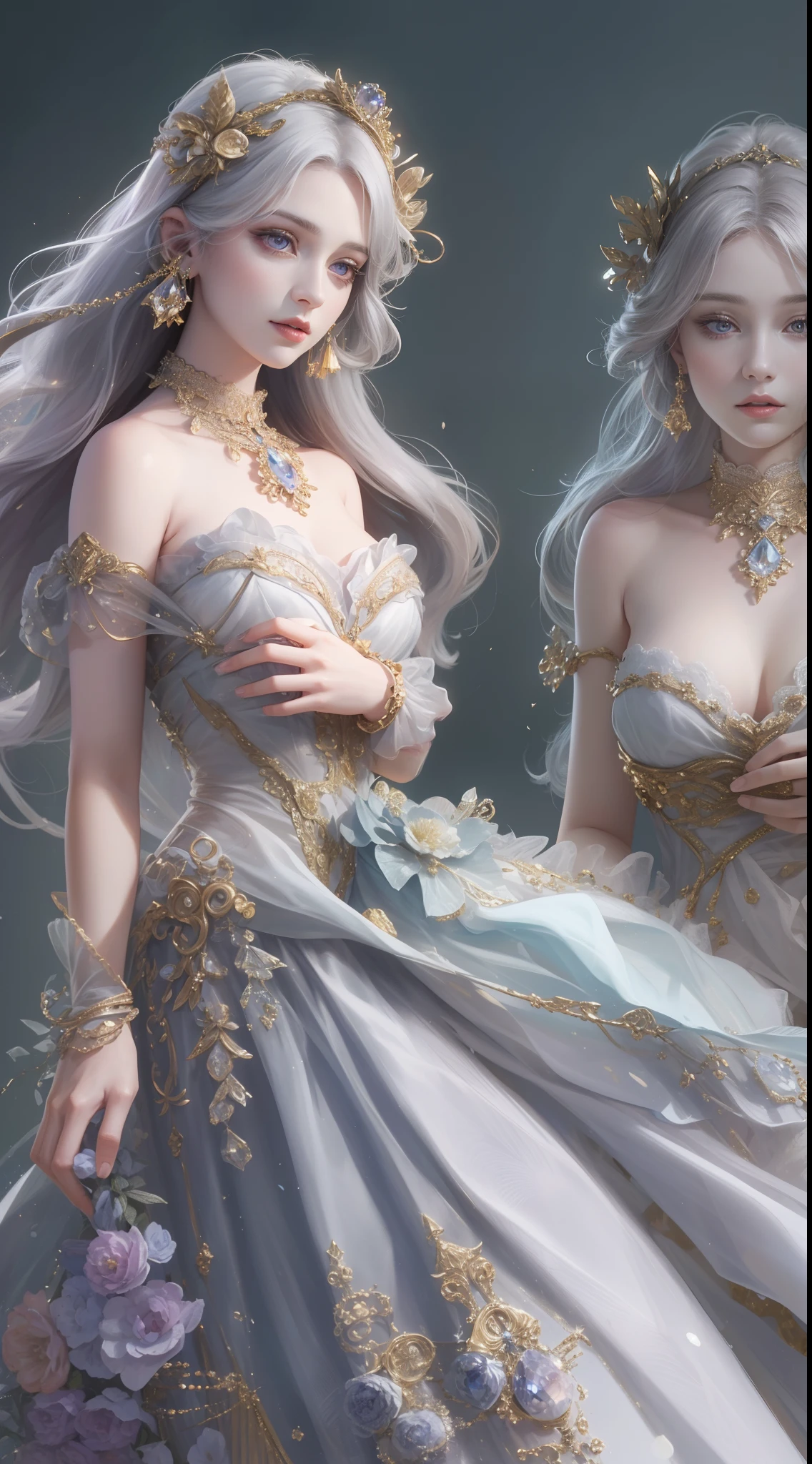 tmasterpiece, Highest high resolution，High-quality content, 8K quality photos with excellent detail, Perfect for presenting dynamic busts of noble maidens, Delicate curves, Bend hair to create gorgeous and intricate fabric textures, Plain purple eyes, Delicate floral decoration, Sparkling crystal jewelry, Highly focused and subtle details。