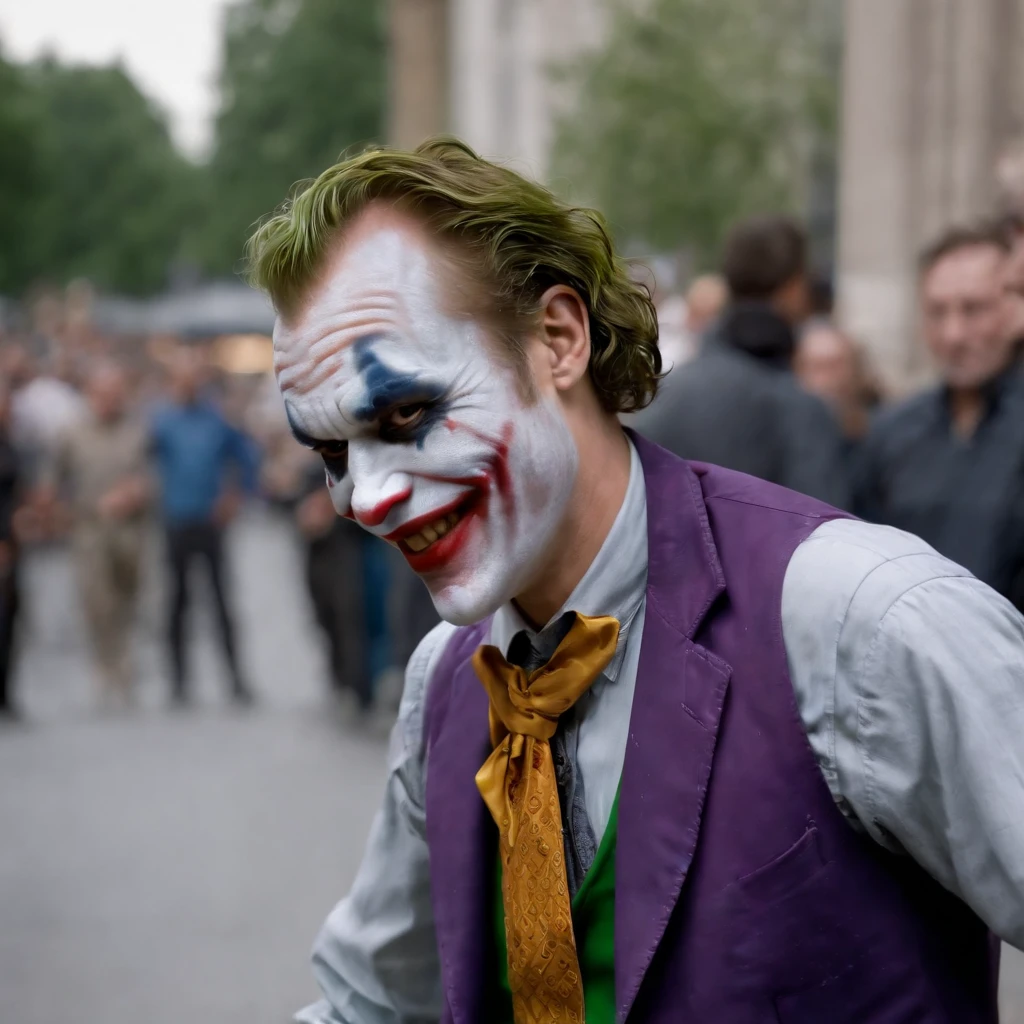 full-length cinematic stand-still photo of dancing crazy with gun laughing open mouth (( The Joker Heath Ledger live-action film )) in action senses fighting the policemen in the city, perfect full-length professional real shot, --ar1:1