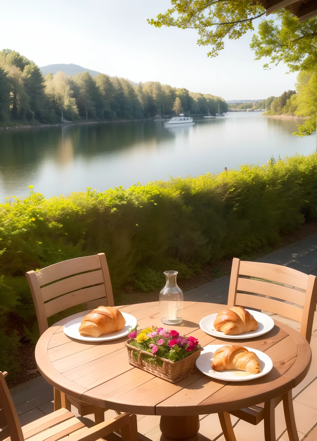 morning,Place near the lake. the trees. terrace, There is a bouquet on the table, cups of coffee, bowls of fruit and berries. A dish with croissants