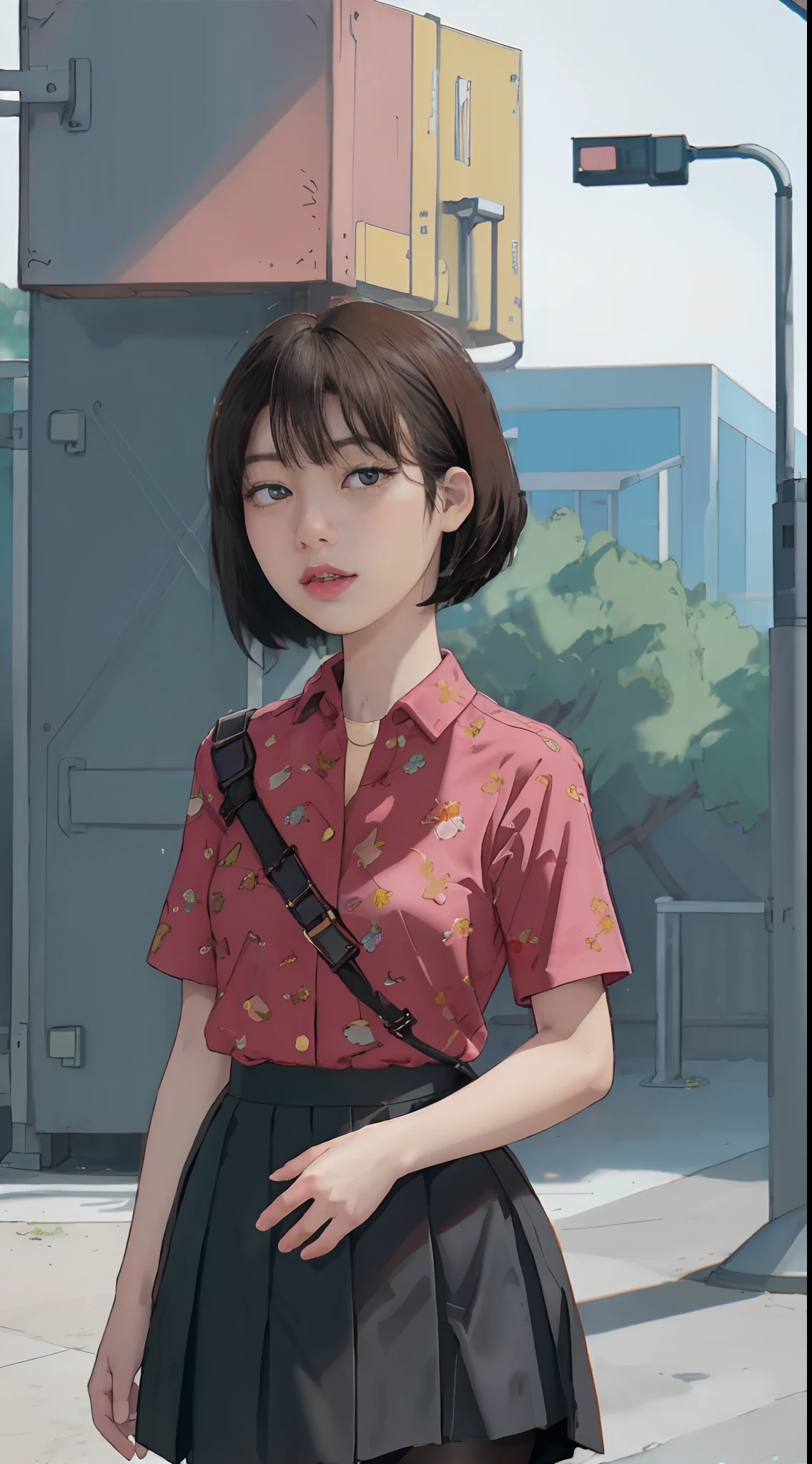((Lisa, BLACKPINK)), camiseta, Tiny pleated skirt, Waist-length black pantyhose, salto alto, close-up do rosto, pele muito clara, short hair, cabelos ondulados, acampamento, Floresta, fotorrealista, Indirect lighting, volumetric light, ray tracing, hiperdetalhado, best quality, high resolution, HDR, 8k
