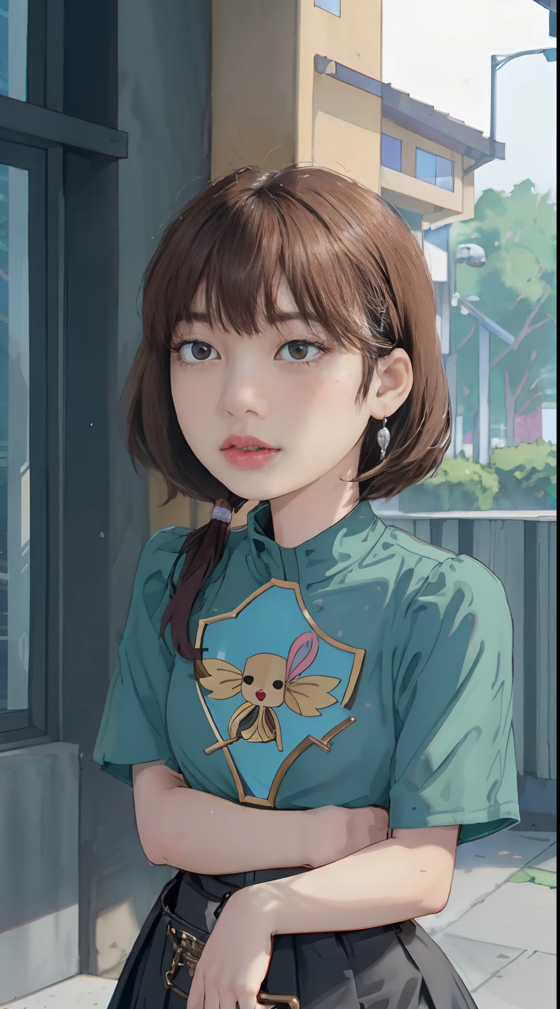 ((Lisa, BLACKPINK)), camiseta, Tiny pleated skirt, Waist-length black pantyhose, salto alto, close-up do rosto, pele muito clara, short hair, cabelos ondulados, acampamento, Floresta, fotorrealista, Indirect lighting, volumetric light, ray tracing, hiperdetalhado, best quality, high resolution, HDR, 8k