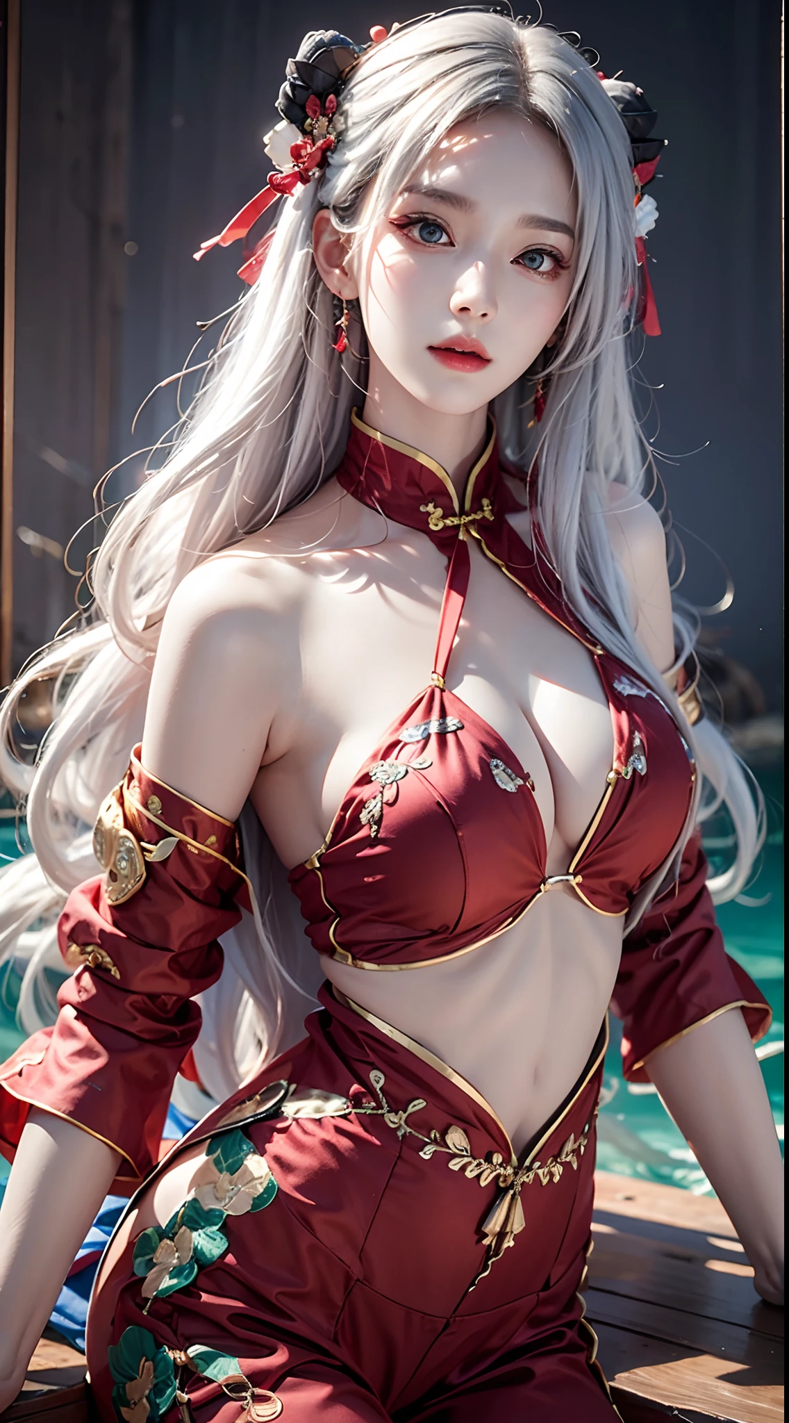 photorealistic, high resolution, soft lights, 1women, solo, hips up, look at viewer, (detailed face), red eyes, white hair, long hair, detailed eyes, ch'en \(arknights\), red eyes, solo, chinese traditional clothing, red hanfu, realistic, makeup