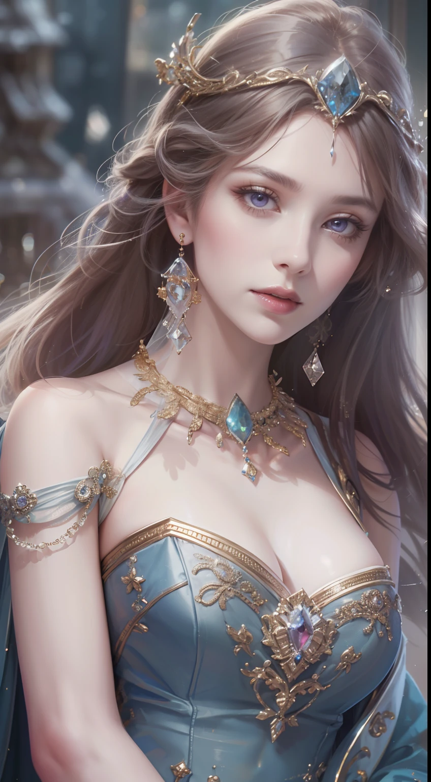 tmasterpiece, Highest high resolution,High-quality content, 8K quality photos with excellent detail, Perfect for presenting dynamic busts of noble maidens, Delicate curves, Bend hair to create gorgeous and intricate fabric textures, Plain purple eyes, Delicate floral decoration, Sparkling crystal jewelry, Highly focused and subtle details,fantasy atmosphere。