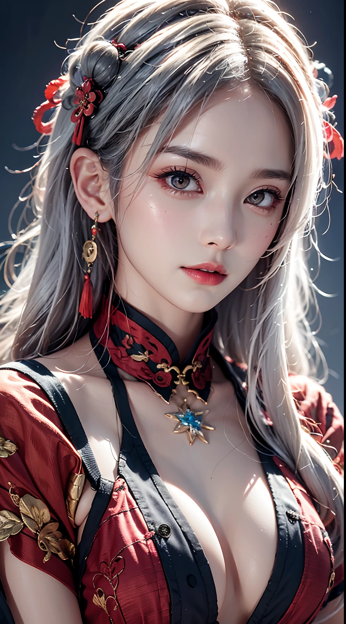 photorealistic, high resolution, soft lights, 1women, solo, hips up, look at viewer, (detailed face), red eyes, white hair, long hair, detailed eyes, ch'en \(arknights\), red eyes, solo, chinese traditional clothing, red hanfu, realistic, makeup