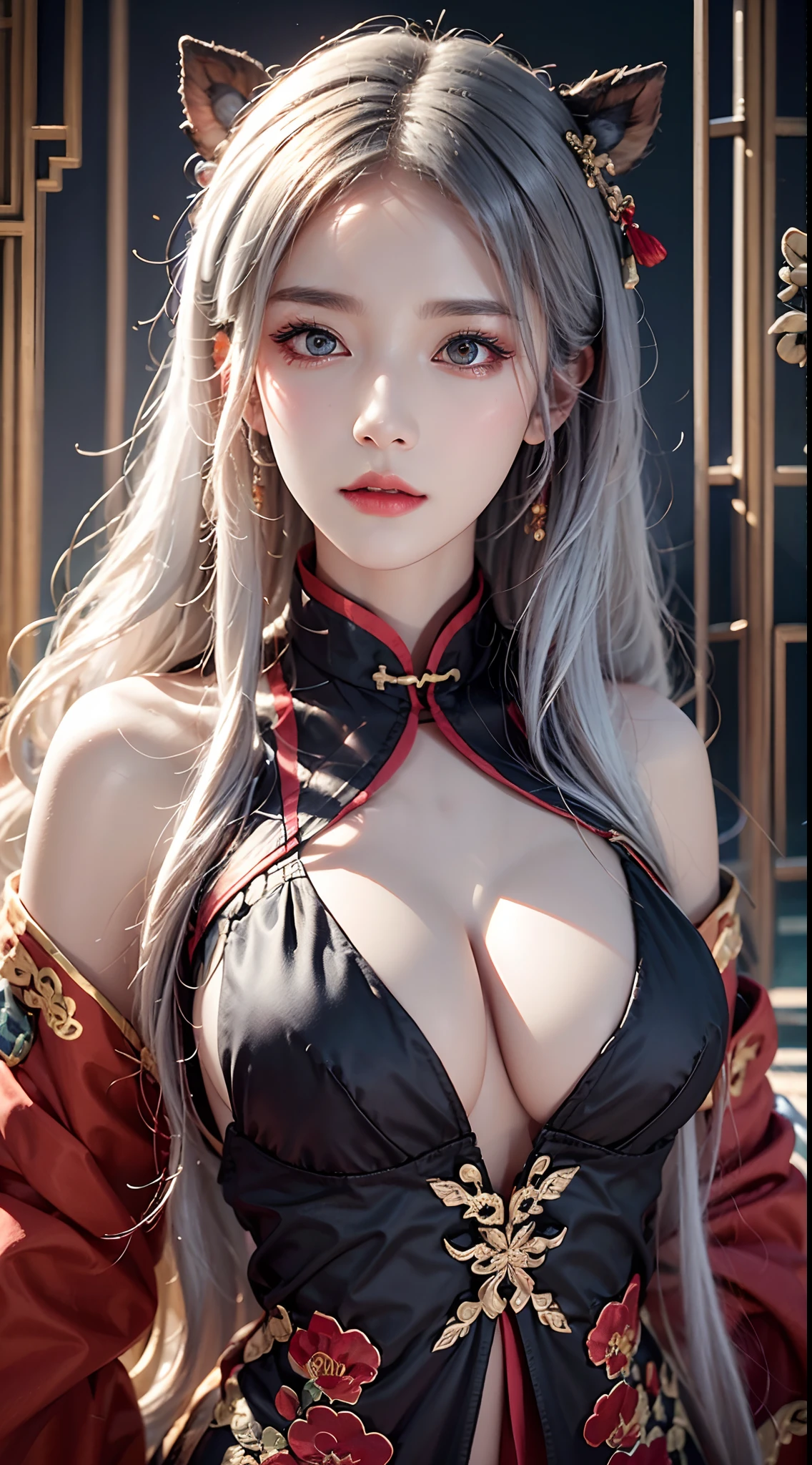 photorealistic, high resolution, soft lights, 1women, solo, hips up, look at viewer, (detailed face), red eyes, white hair, long hair, detailed eyes, ch'en \(arknights\), red eyes, solo, chinese traditional clothing, red hanfu, realistic, makeup