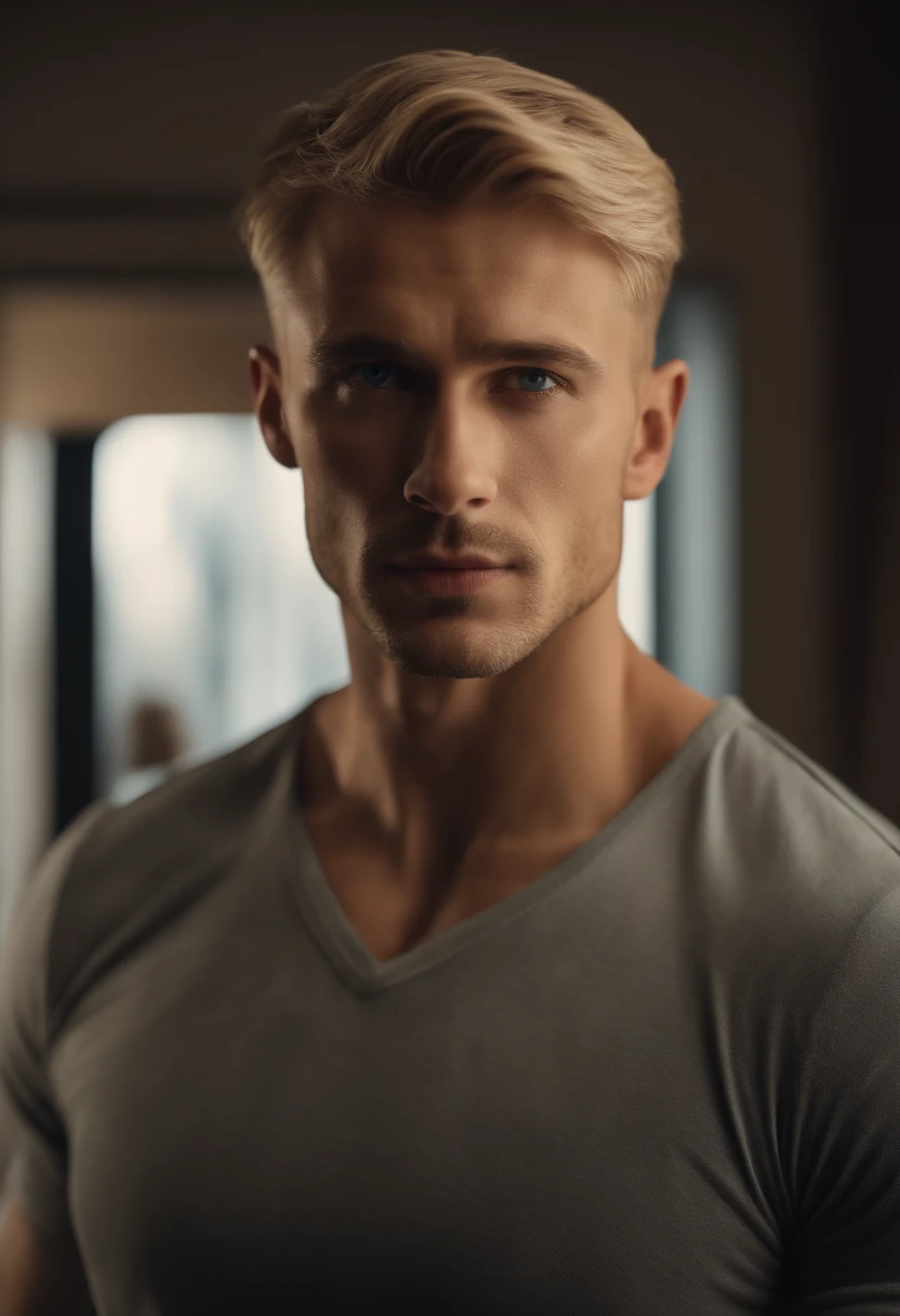 Male, handsome, standing face forward, strong jawline, full lips, Nice nose, short blonde hair, blue eyes, at home, hyper realistic, 8k image quality