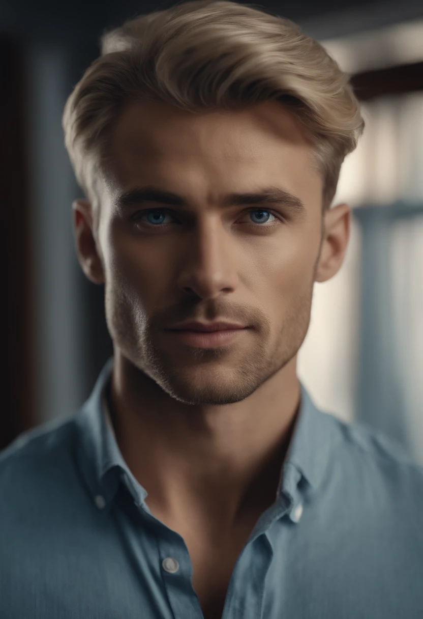 Male, handsome, standing face forward, strong jawline, full lips, Nice nose, short blonde hair, blue eyes, at home, hyper realistic, 8k image quality