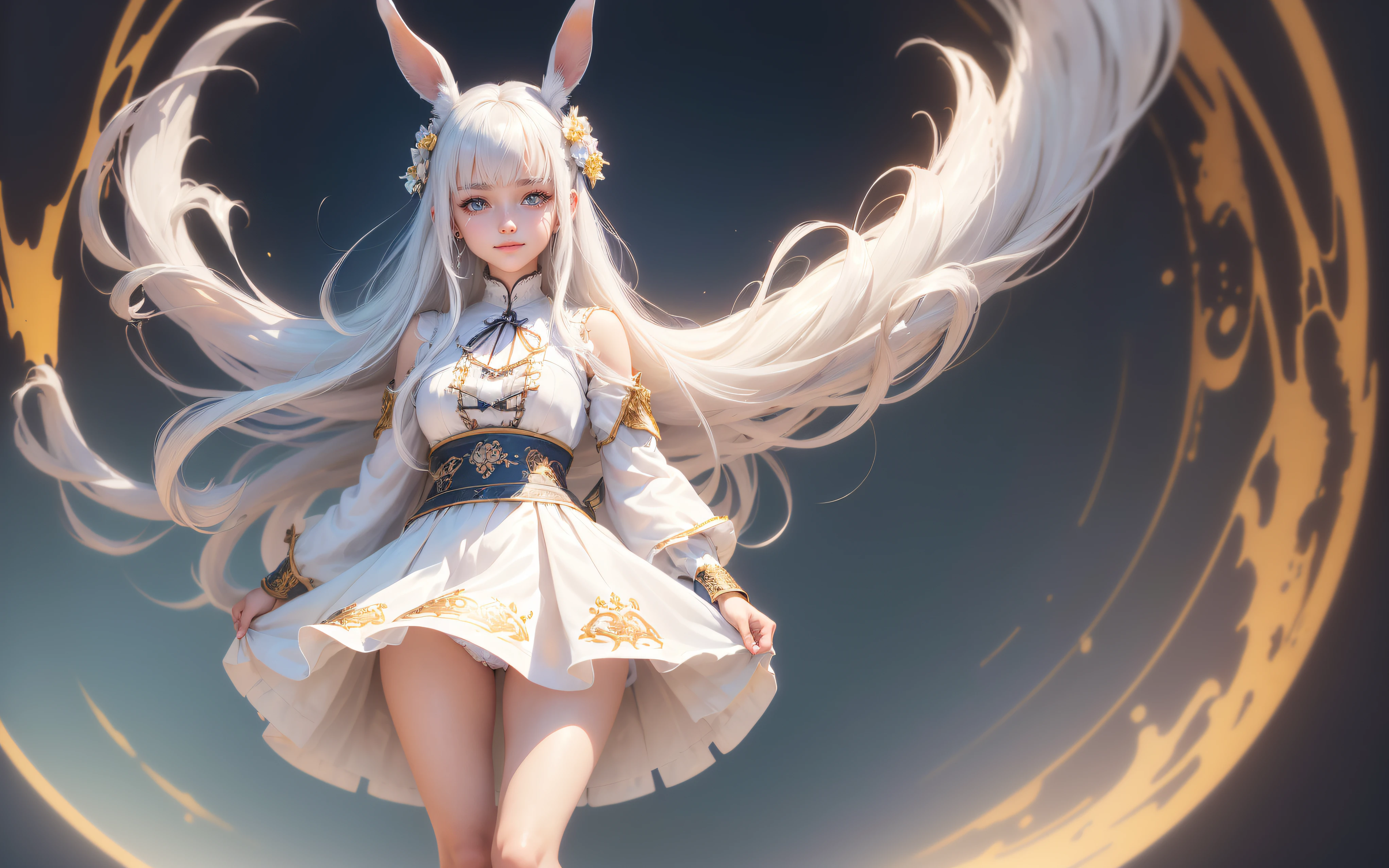 (Best picture quality, 8K, masterpiece: 1.3)), ((Cute girl Face, Both Eyes same)), ((One Girl, Bunny Girl, Bunny Ears, 17 year old, Slightly Skinny, Long Hairs, Two legs)), ((Hide Fingers)), ((Cover Upper Part of Leg, Cover Thigh)), ((Perfect Face, Perfect Eyes, Bangs, Slim Cheeks, Perfect Lips)), ((Highly detailed face, Smile, standing on your feet:1.2)), ((Highly detailed facial and skin texture)), (White hair), (Full traditional clothes, wearing full clothes), (cute), (anime girl in a dress, magic, full dress, Long skirt, artwork, fantasy art style, art, closeup fantasy, Power Full, CGI anime fantasy artwork, art)