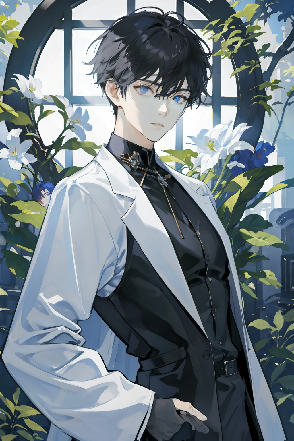 masterpiece、top-quality、1boys、Male Focus、twinks、short-haired、afternoon sunlight、Black high neck and lab coat、From the side、depth of fields