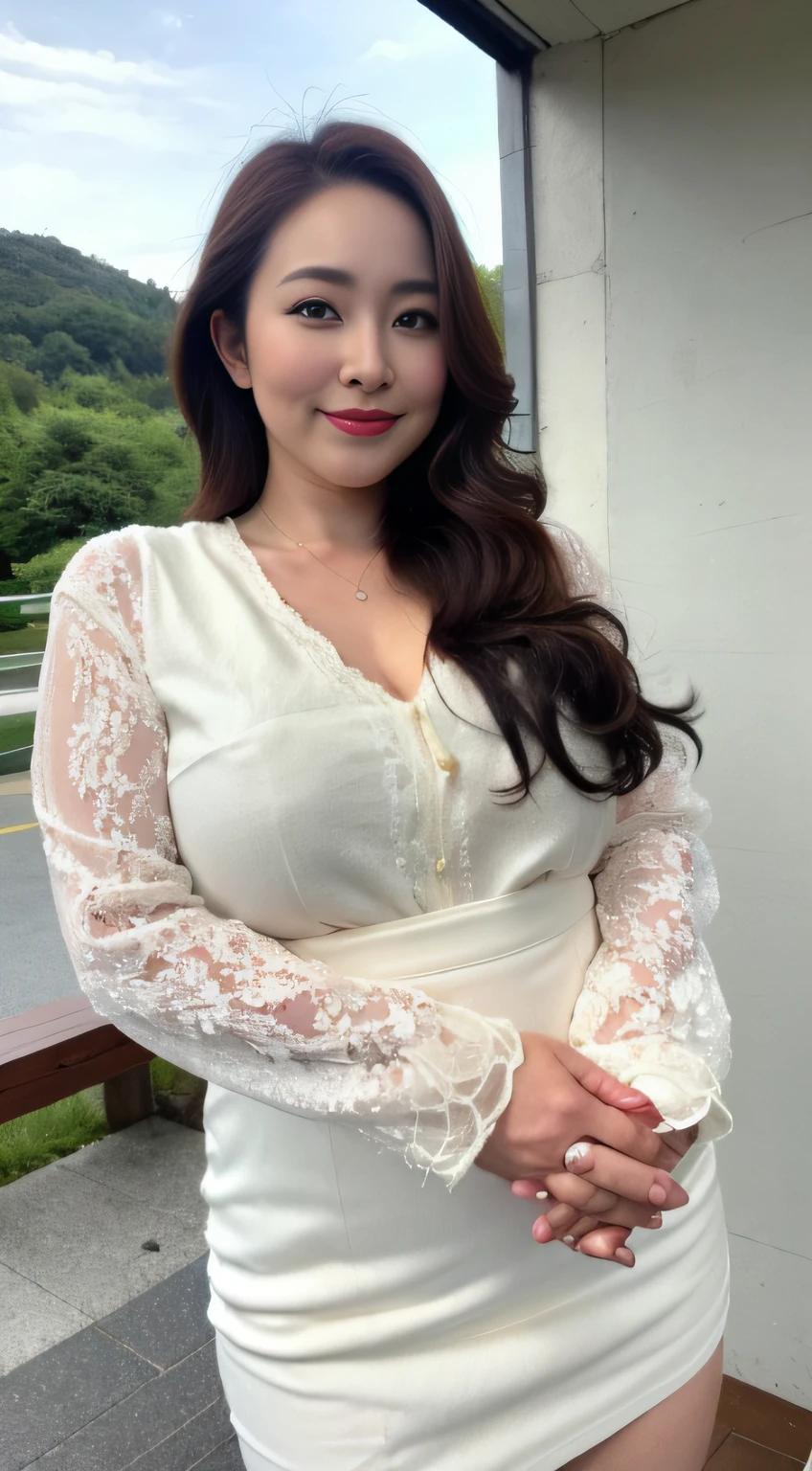 ((Place your hands on either side of your thighs))、((中景 the scene is、full bodyesbian)),((top-quality、8K、tmasterpiece:1.3))、foco nítido, high-level image quality, A high resolution, Portrait, Solo, Middle-aged woman, Beautuful Women, 45 yers old, plump,Wavy hairstyles, Mountain background, Wrinkles at the corners of the eyes, mesmerizing looks, ssmile:1.2,nedium breasts:1.2、Colossal tits、nipple piercing、a necklace、Visible nipple、Crewneck lace mesh skirt,Both hands are lowered,standing on your feet:1.2,orthofacial,Complete fingers,perfect bodies,