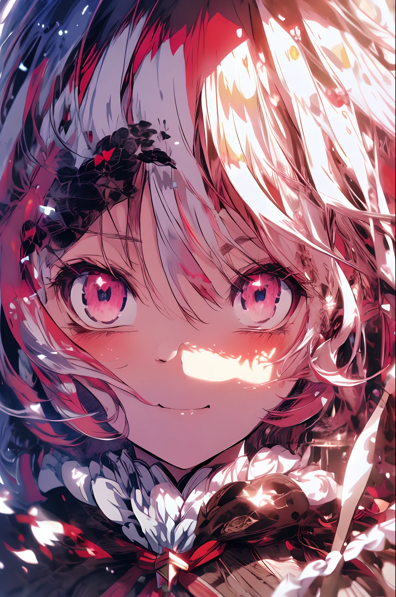 beautiful illustration, best quality, cute petit girl, (transform sequence), transform magical girl, chibi, white magical girl, fractal art, albino, babyface, long pure white and red mesh hair, beautiful detailed red eyes, cinematic lighting, cowboy shot, looking at viewer, from bottom, happy