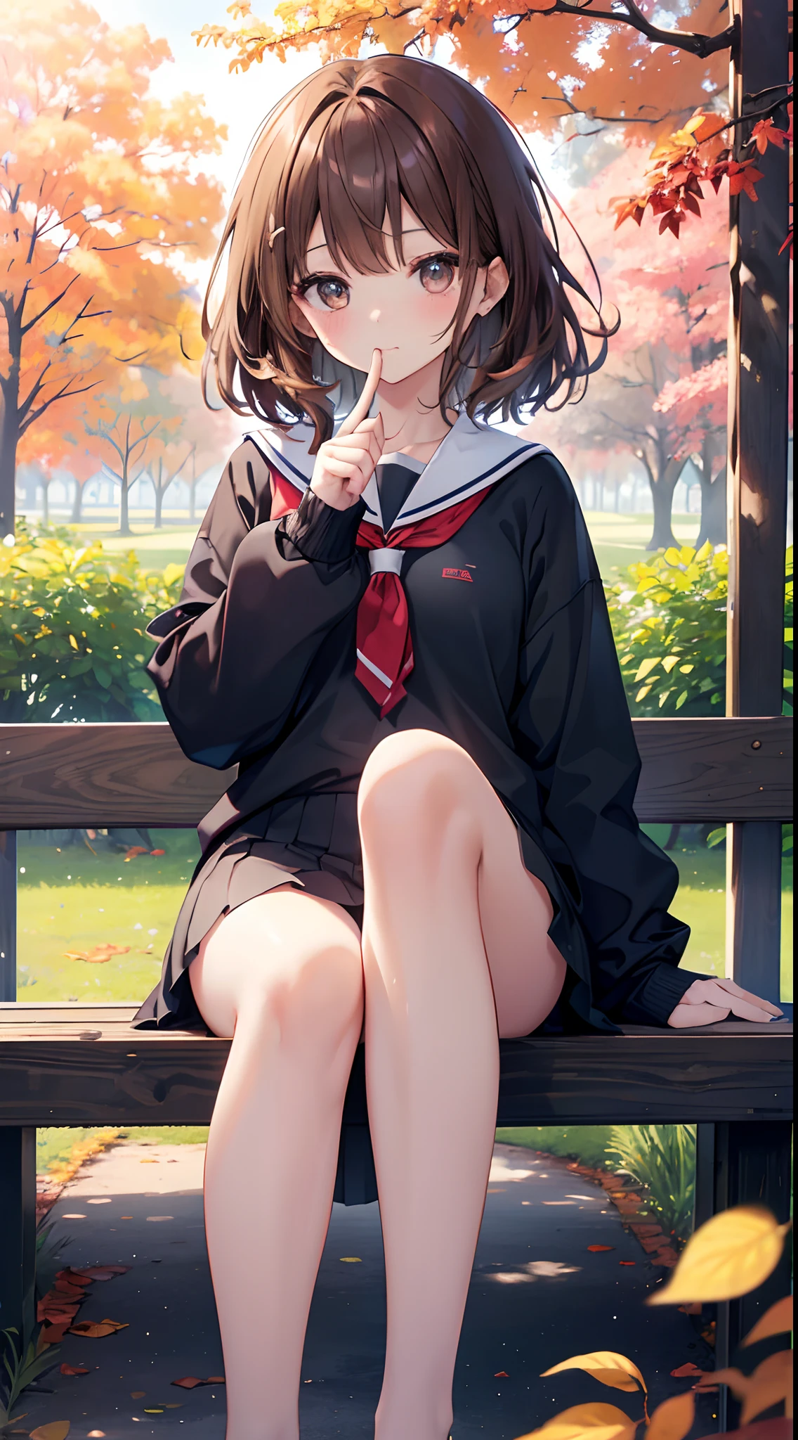 Hi-Res、masterpiece、Brown hair、Soio、Female one、hi-school girl、a park、Colored leaves、细致背景、A detailed eye、((Brown-eyed)),Beautiful and perfect legs, Clean and perfect hands(put index finger on mouth:1.2)