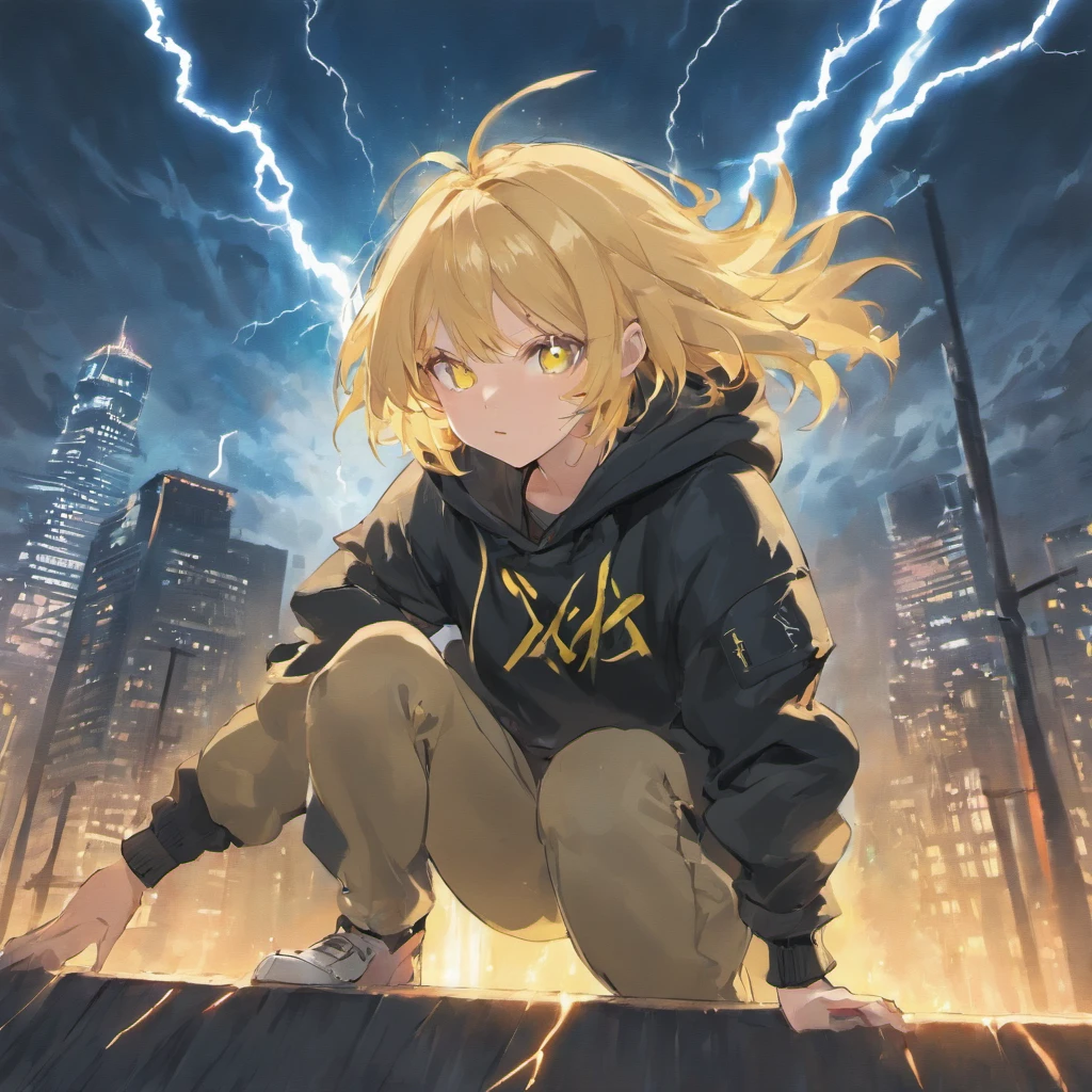 girl with blonde short hair, yellow eyes, wearing long pants, black hoodie, using lightning magic, on top of the building