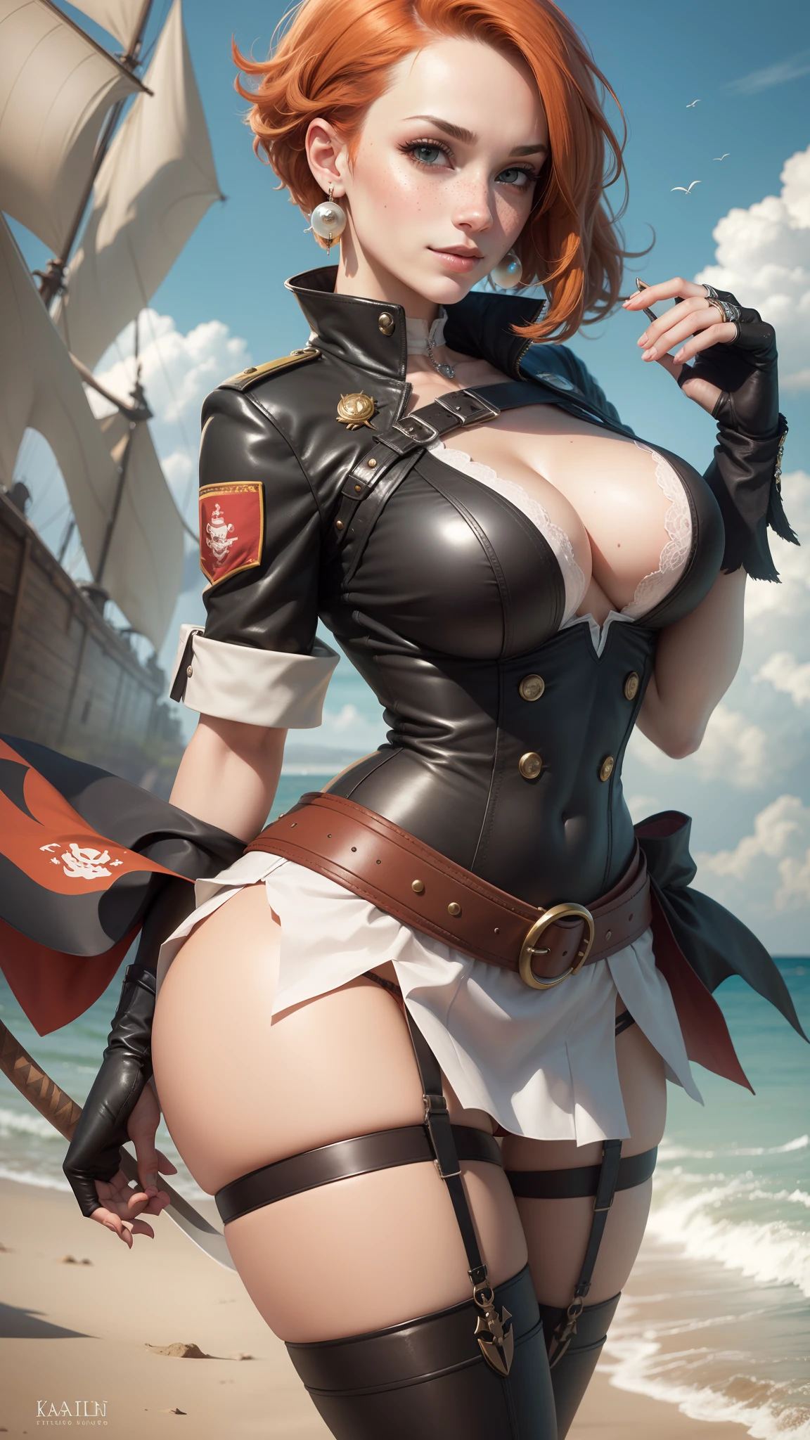 gwen tennyson,tracer,yorha 2b,nami, rebecca chambers,reisalin stout,pirate outfit,beach,ager,green eyes,thigh high boots,garter belt,striped panties, short hair,orange hair,pirate ship,shy smile,ginger,white striped top,tight skirt, freckles,redhead,pirate corset,pirate jacket,beautiful girl,large breasts,ultra detailed,realistic,pearl earrings,katanas,