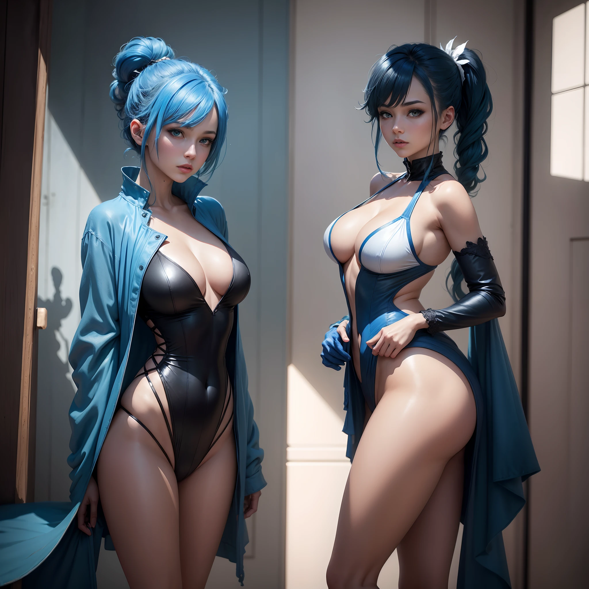 blue  hair,hentail realism, shadowing,，character sheets, reference sheet, Standing painting, 8K, Super detail, 1080p, Women's HD，femele, 16k, A high resolution, Best quality, High quality, Anatomically correct, Masterpiece, ccurate, hyper HD，As graceful as a swan，unreal-engine， ssee-through.Tang suit，