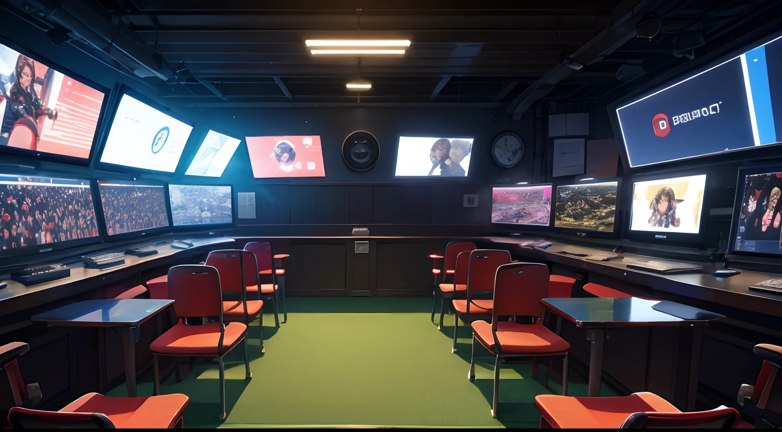 Modern Spectator booth for a game, Monitors on walls, chairs