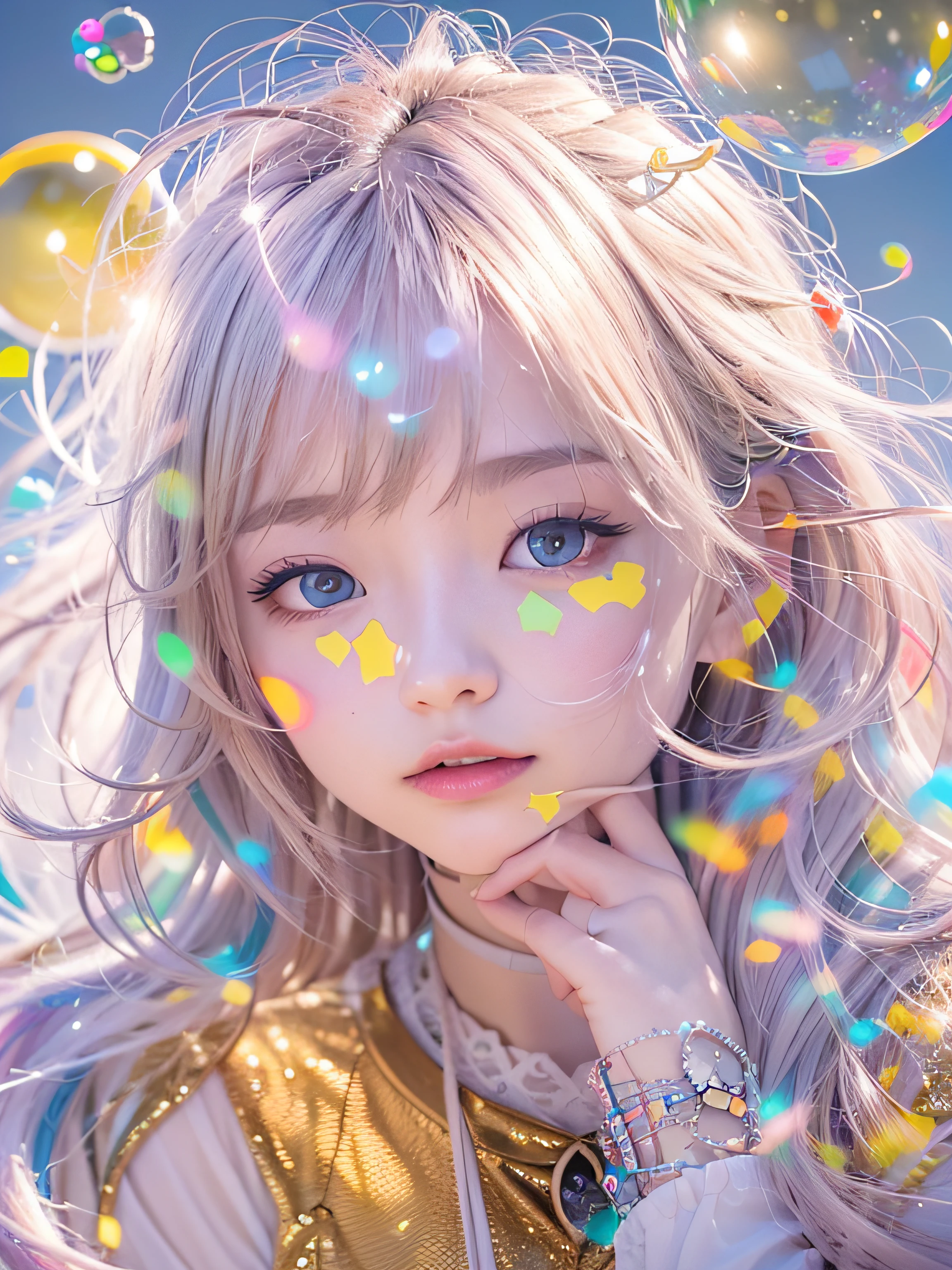 (((masutepiece))),(((Best Quality))),((Ultra-detailed)),(Dynamic Angle), ((floating)),((disheveled hair)), (Solo),(1girl in), ((Small_breasts)),slenderbody、 ((beautifull detailed face)),Collar,Bare shoulders, White hair, ((Colorful hair)),((striated hair)), Beautiful detailed eyes,(Gradient color eyes),(((Colorful eyes))), (((Colorful background))),(((High color saturation))),colorful bubble,((Shining))