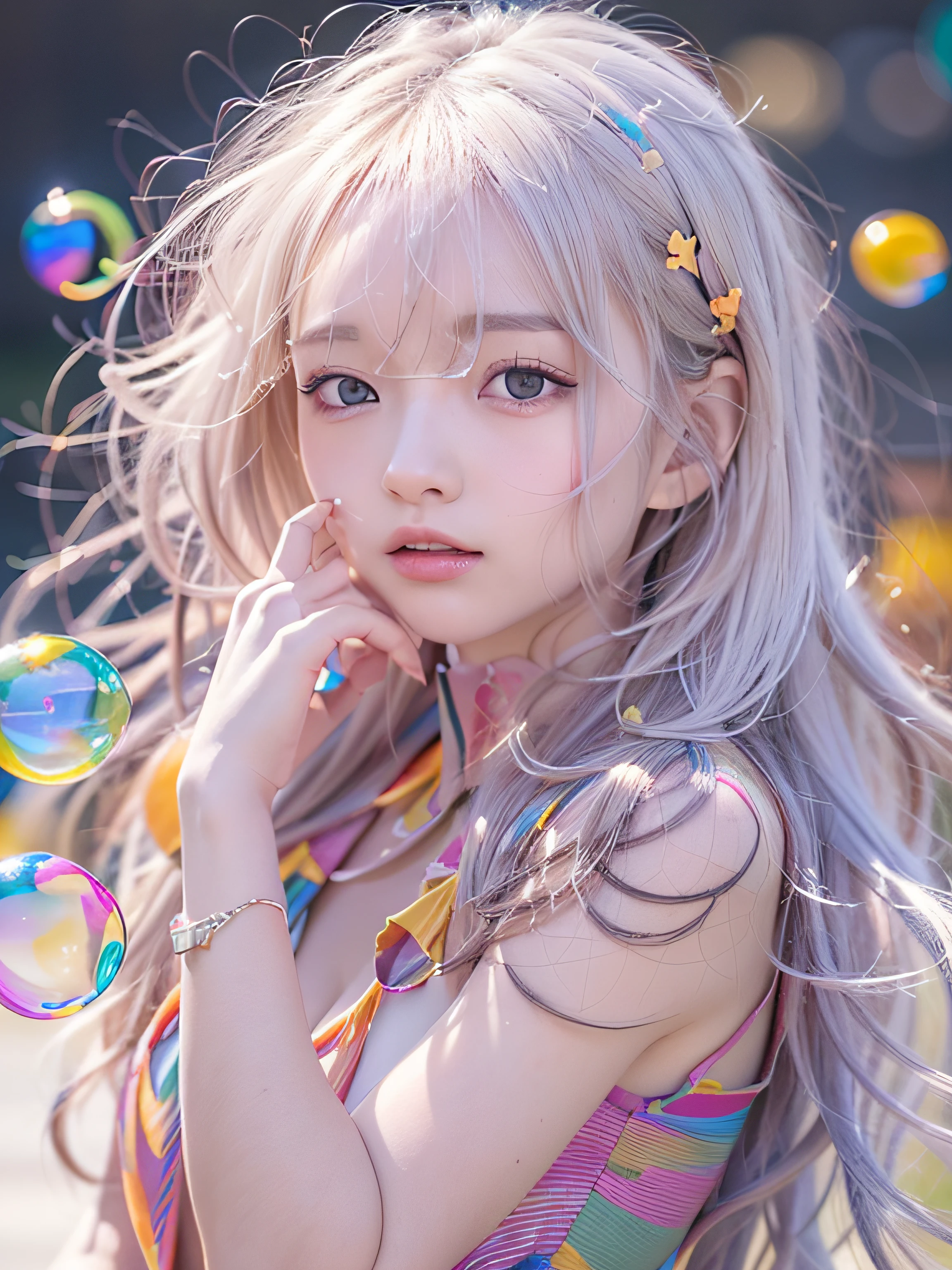 (((masutepiece))),(((Best Quality))),((Ultra-detailed)),(Dynamic Angle), ((floating)),((disheveled hair)), (Solo),(1girl in), ((Small_breasts)),slenderbody、 ((beautifull detailed face)),Collar,Bare shoulders, White hair, ((Colorful hair)),((striated hair)), Beautiful detailed eyes,(Gradient color eyes),(((Colorful eyes))), (((Colorful background))),(((High color saturation))),colorful bubble,((Shining))